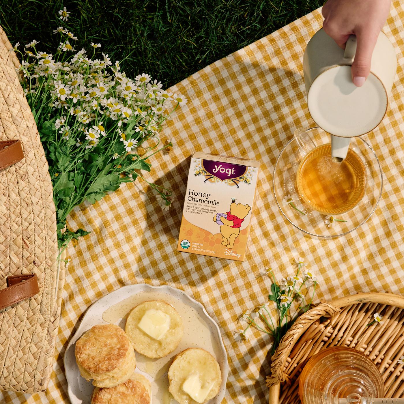 Honey Chamomile Tea Package on table with honey