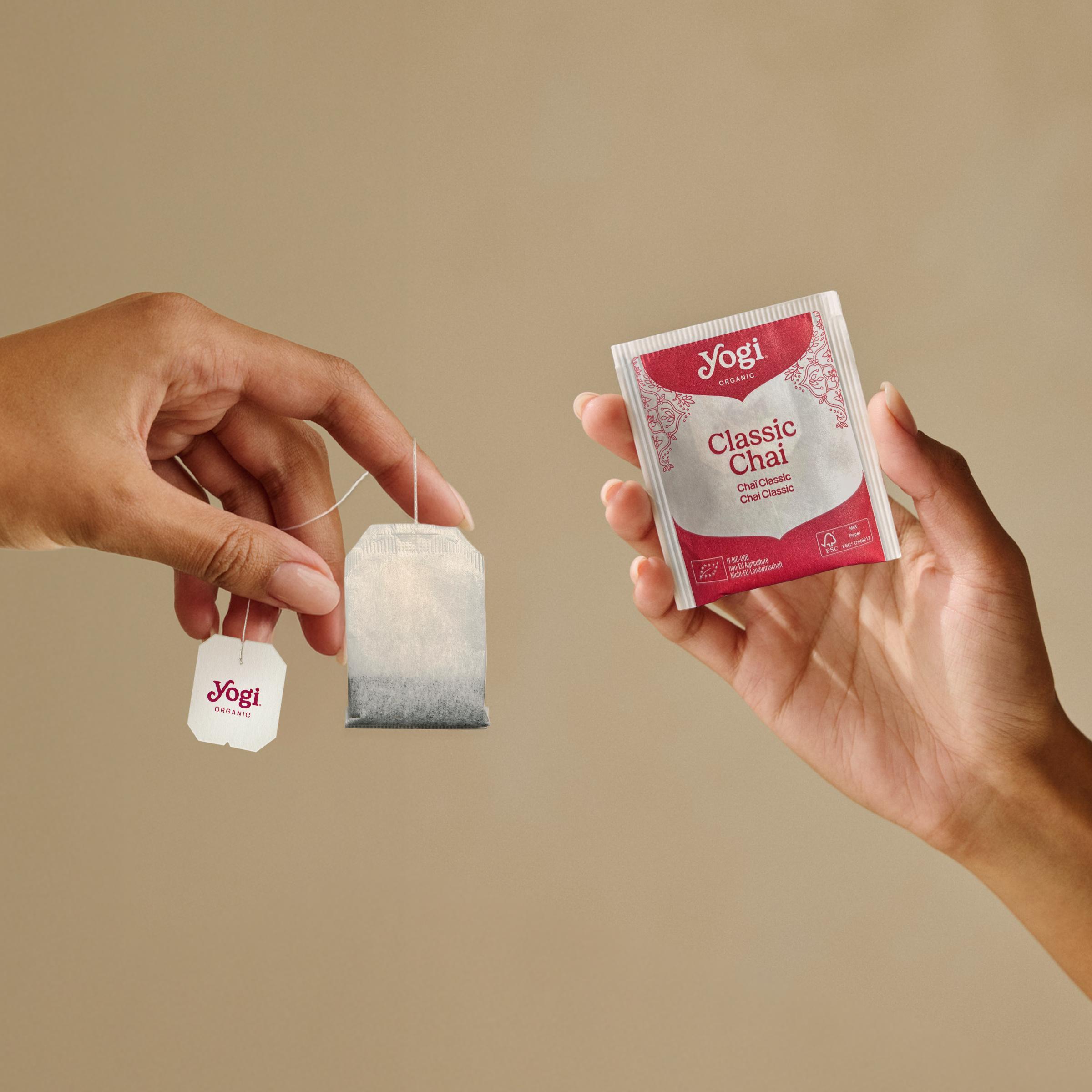 Hands holding a spiced blackberry tea bag and package