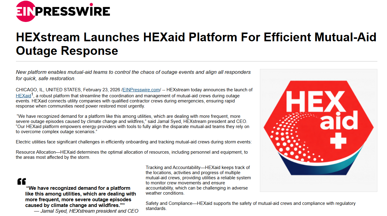 For Immediate Release: HEXstream Launches HEXaid Platform For Efficient Mutual-Aid Outage Response