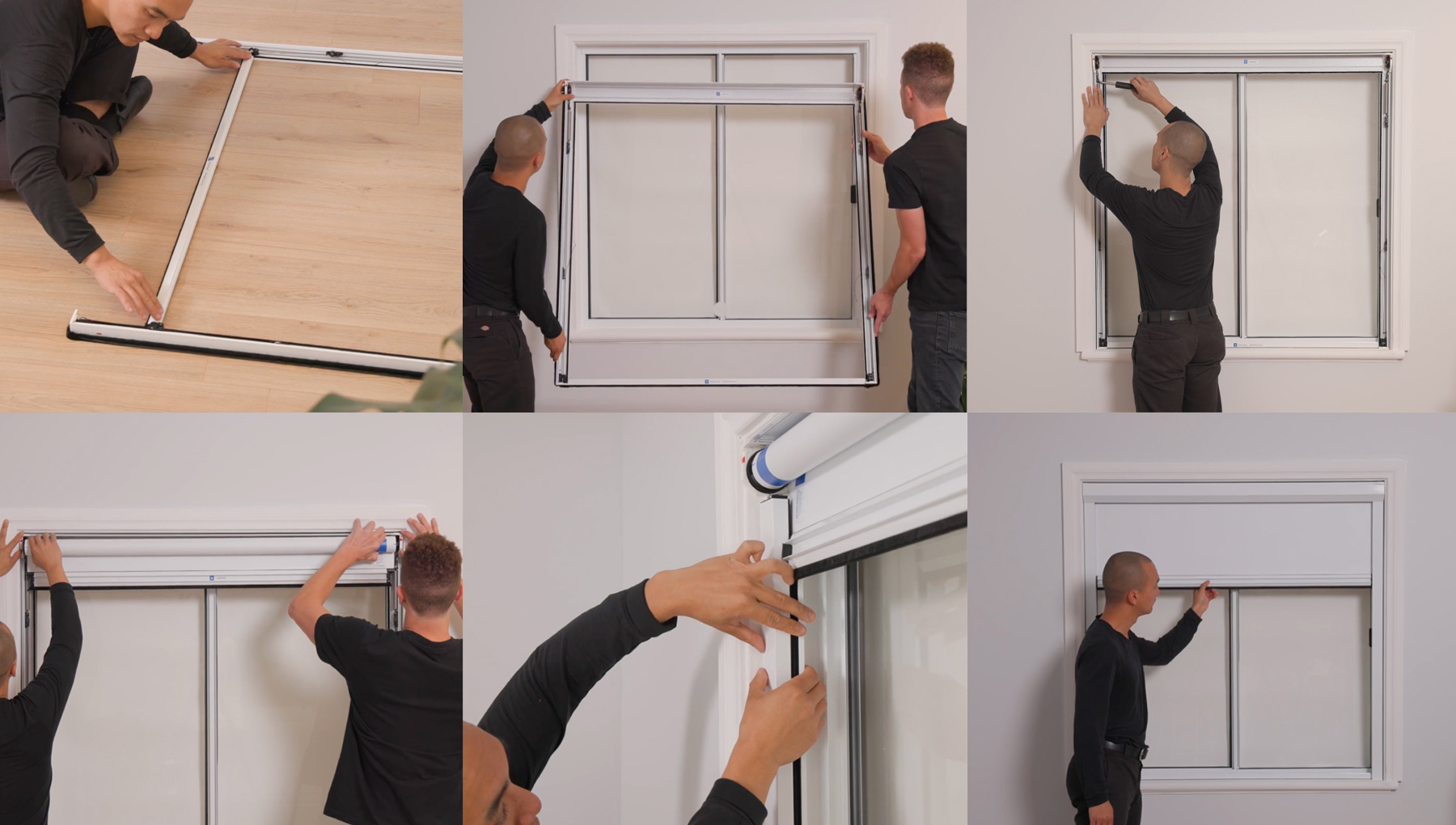 Step-by-step UBlockout sealed track shade installation showing frame assembly, positioning, securing, and cover attachment