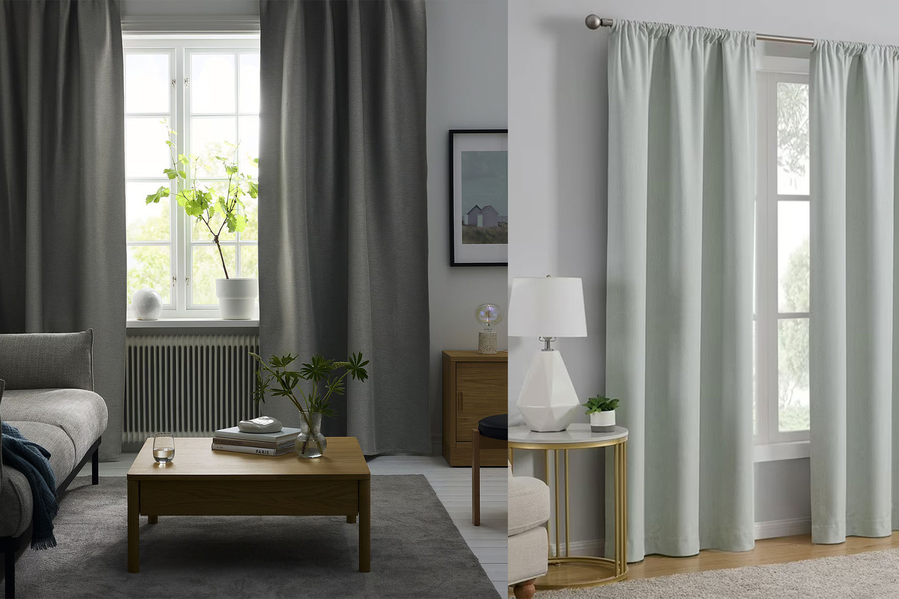 Modern living room featuring two window treatment comparisons - dark gray curtains with visible light gaps on the left and light sage green curtains with light leakage on the right, demonstrating standard blackout curtain limitations