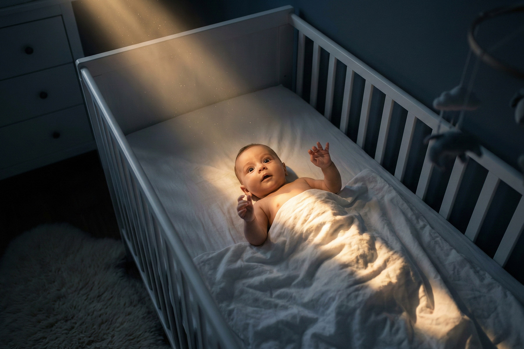 Awake baby in dark nursery crib illuminated by a beam of light leaking through the window