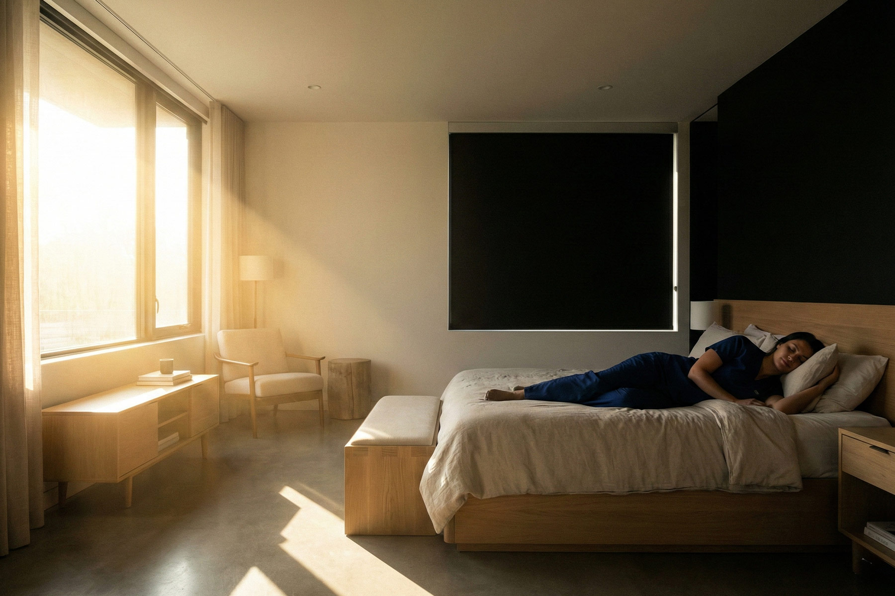 Night shift worker sleeping in a bedroom with morning sunlight blocked by a sealed track blackout shade while light floods the opposite window