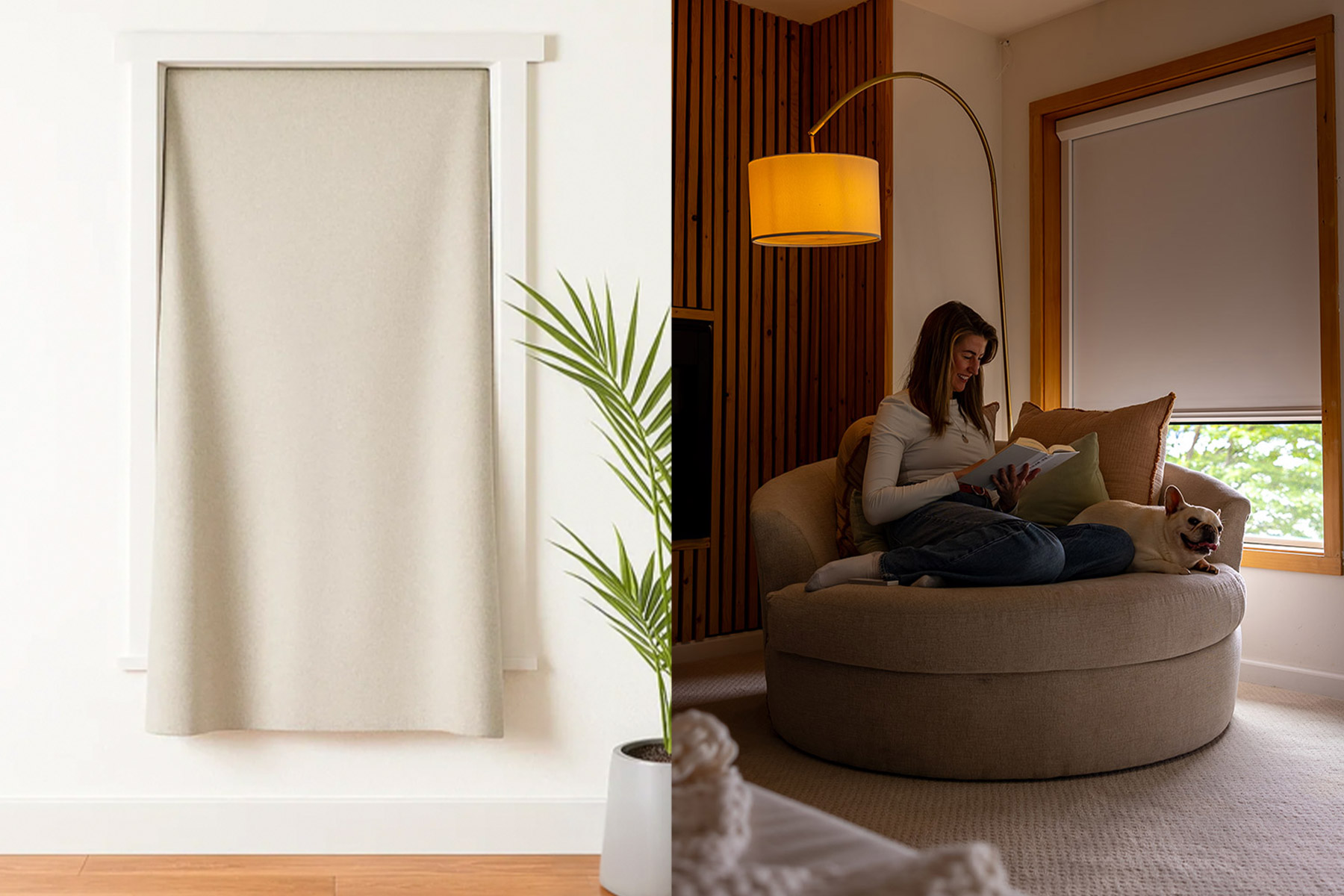 Side-by-side comparison of a Sleepout suction cup blackout curtain on a window versus a UBlockout sealed-track shade in a modern living room