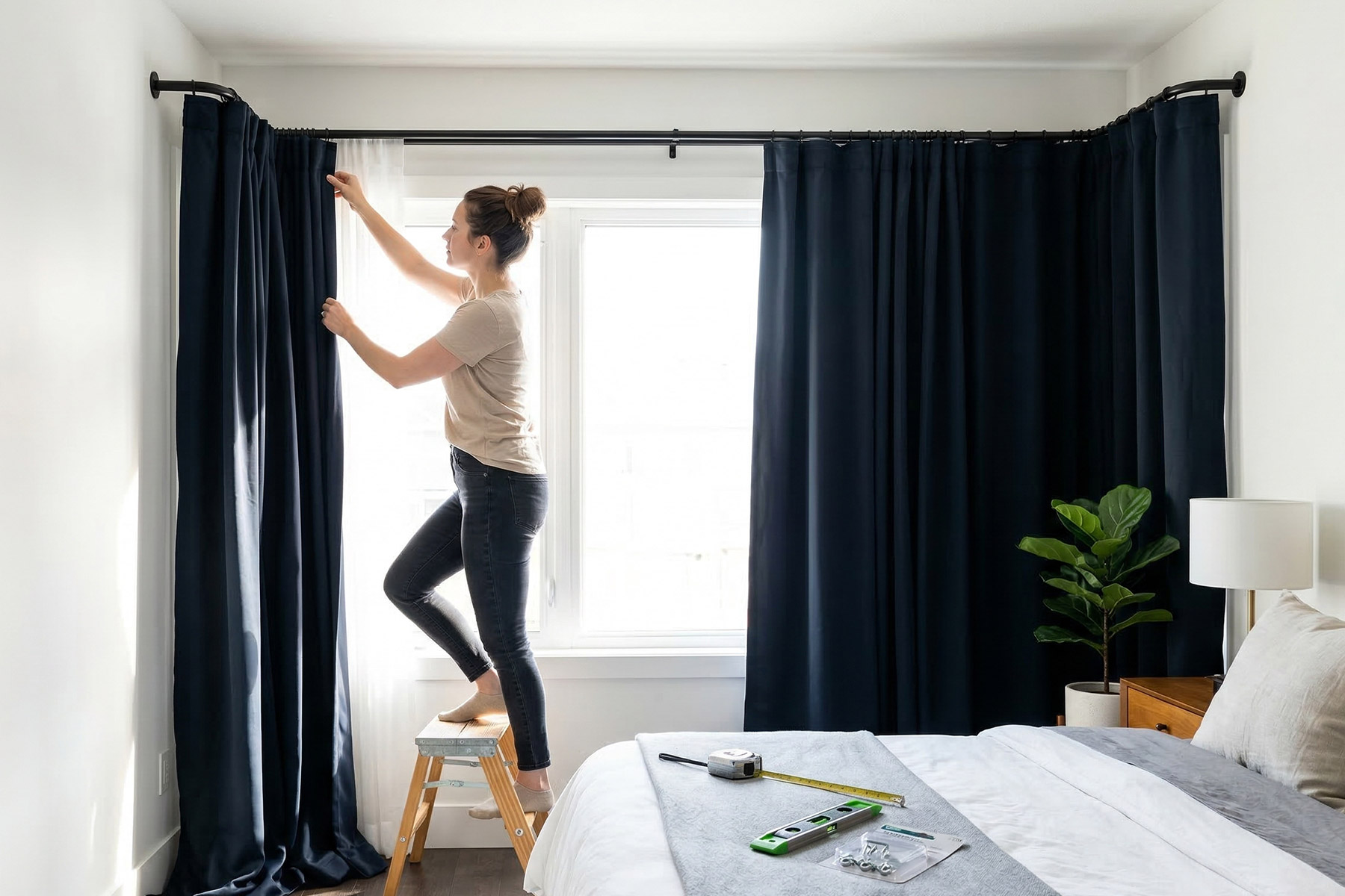 Person hanging blackout curtains on a wrap-around rod extended beyond the window frame in a bright bedroom
