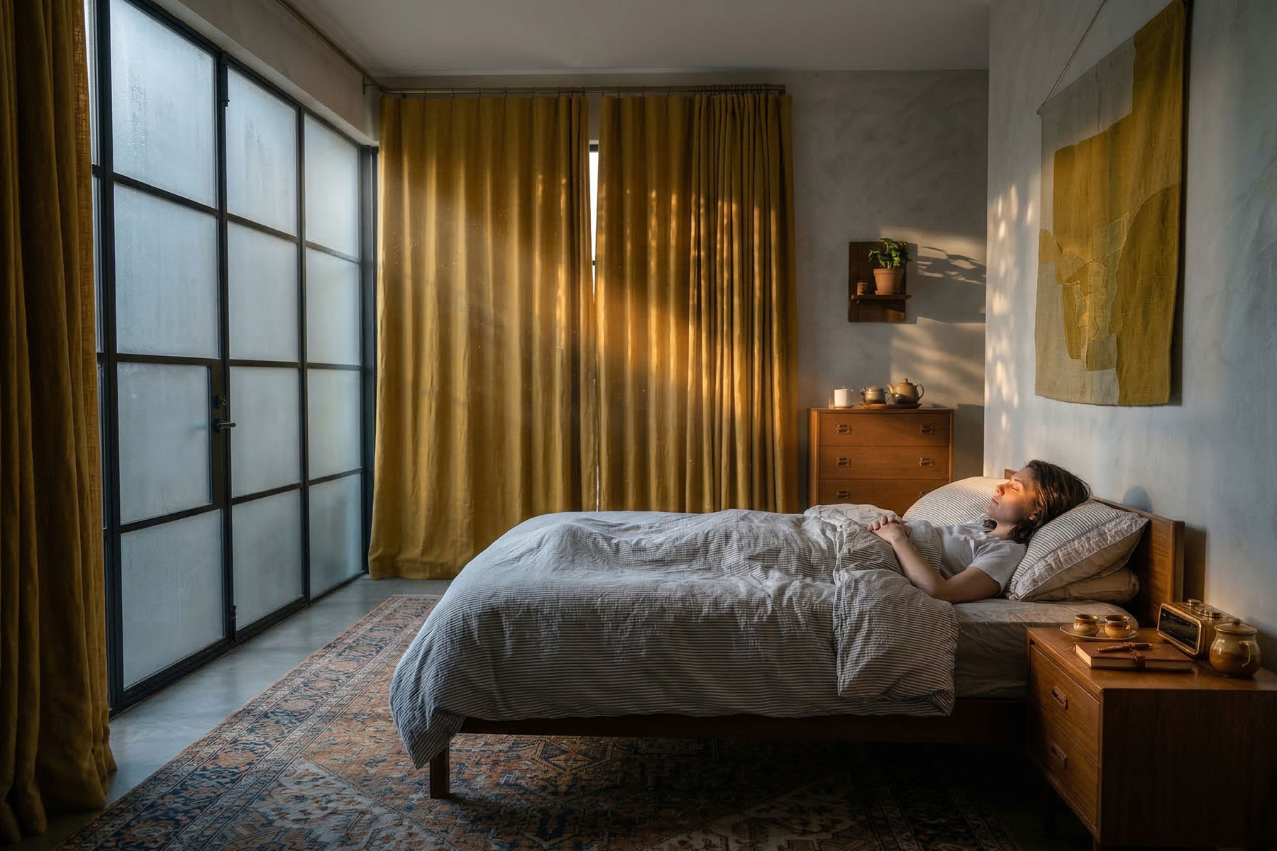 Person wide awake in bed at night staring at the ceiling with streetlight glow filling the room