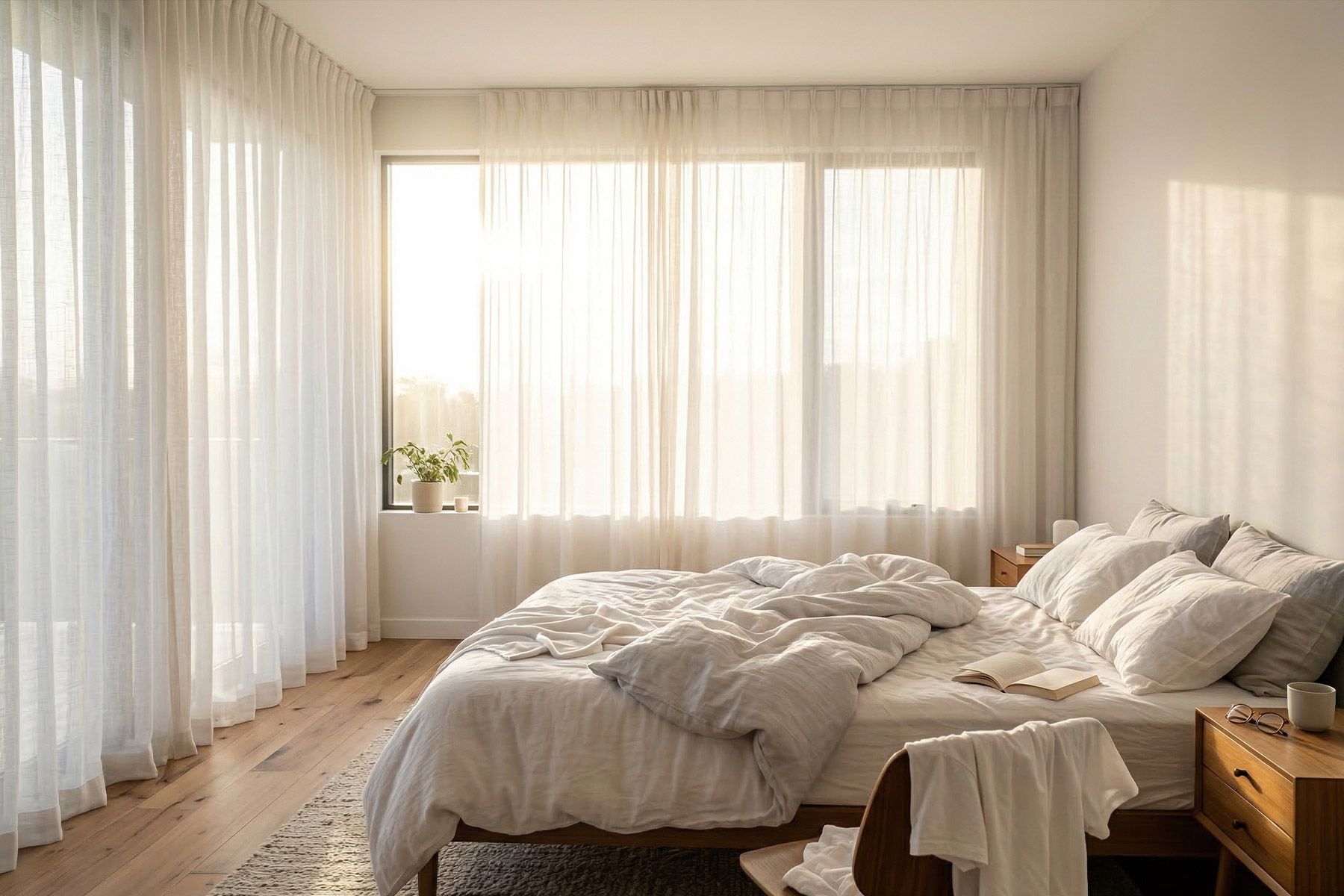 Bright bedroom with white curtains that let sunlight pour through the thin fabric