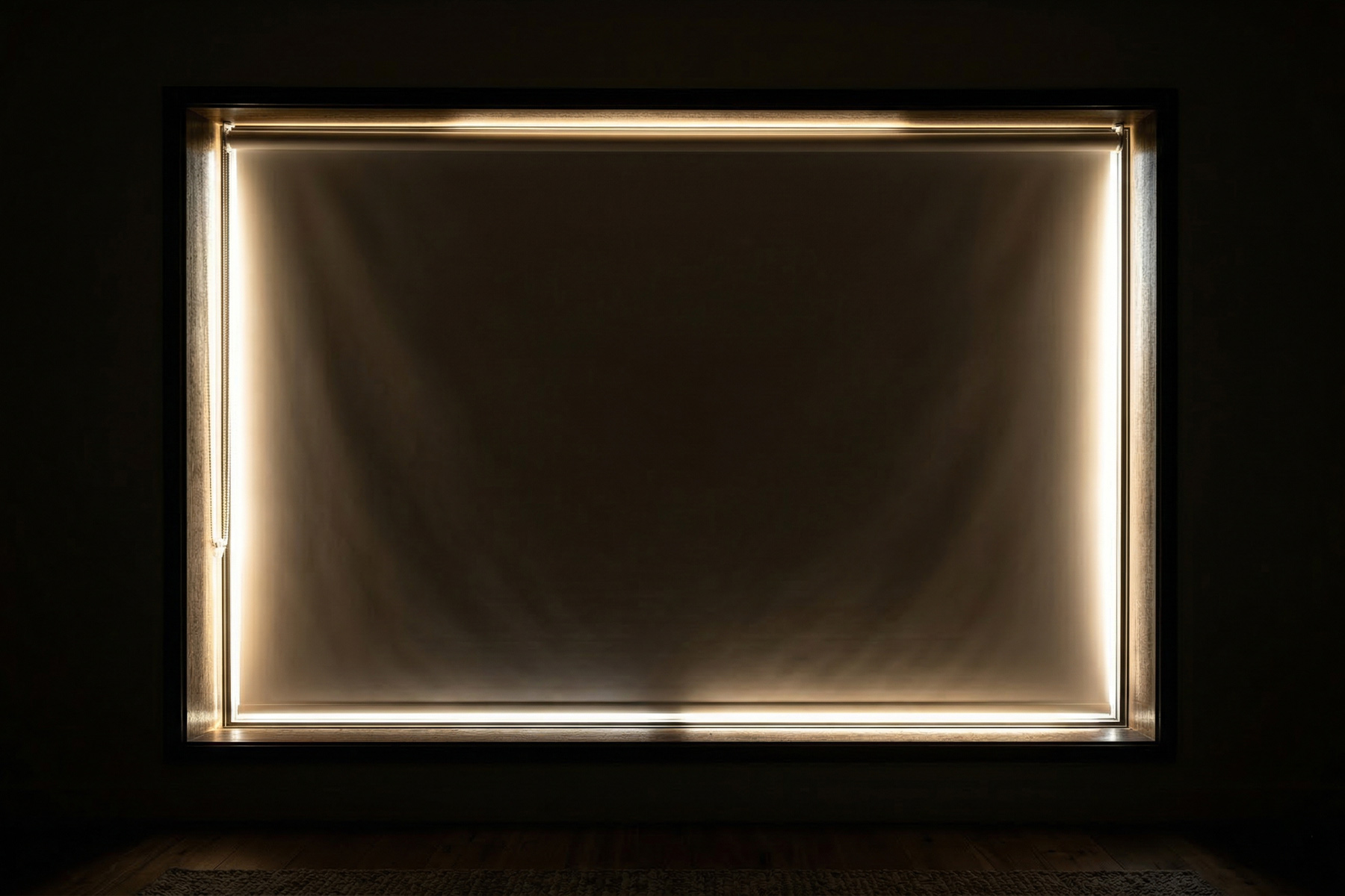 Close-up of a standard roller shade with visible light gaps glowing around all four edges
