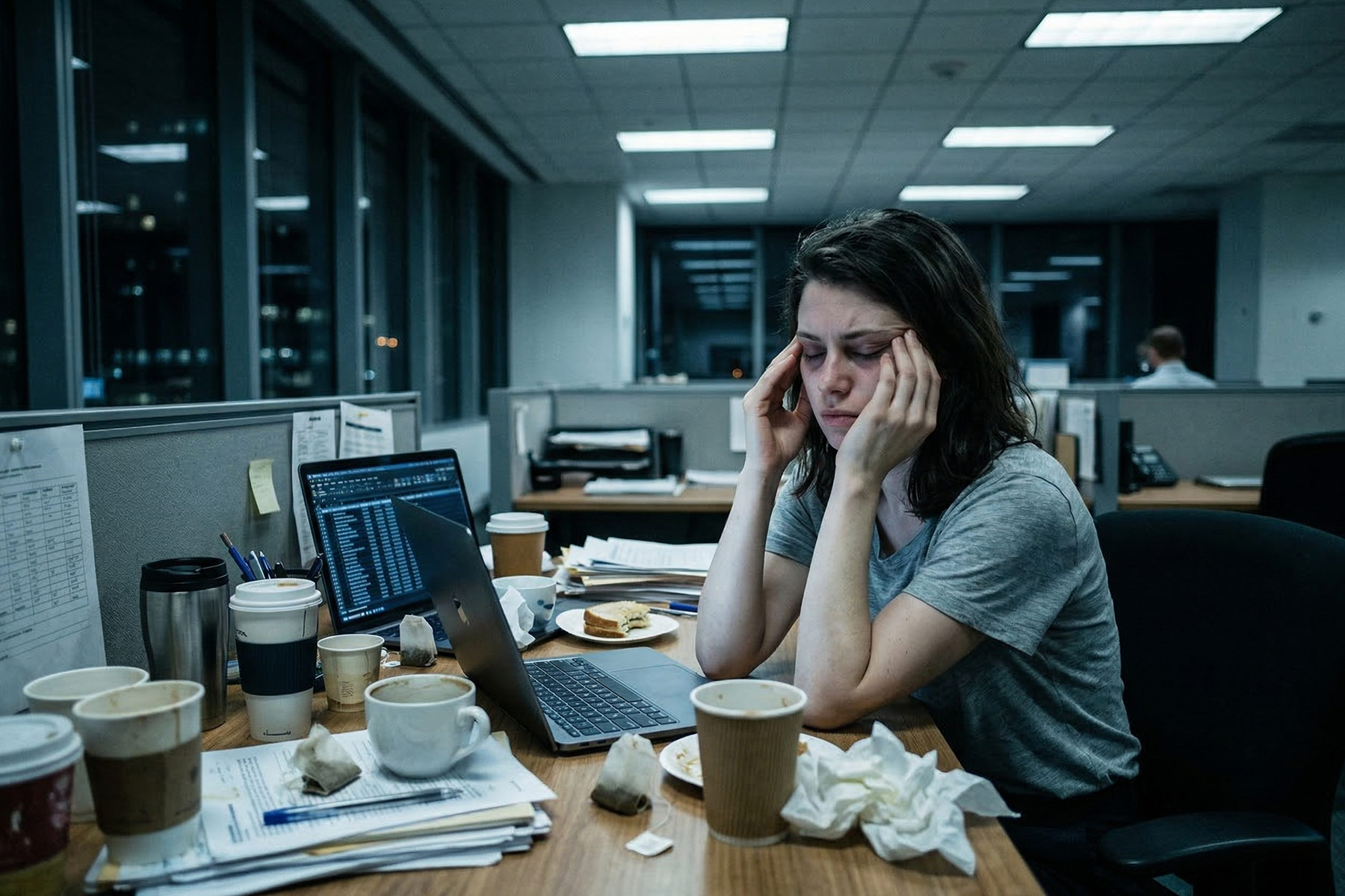 Exhausted person at a desk rubbing their temples with coffee cups piling up around them