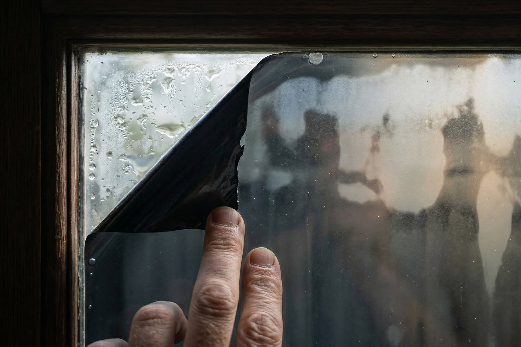 Bedroom window with blackout film peeling and bubbling at the edges with condensation trapped behind it