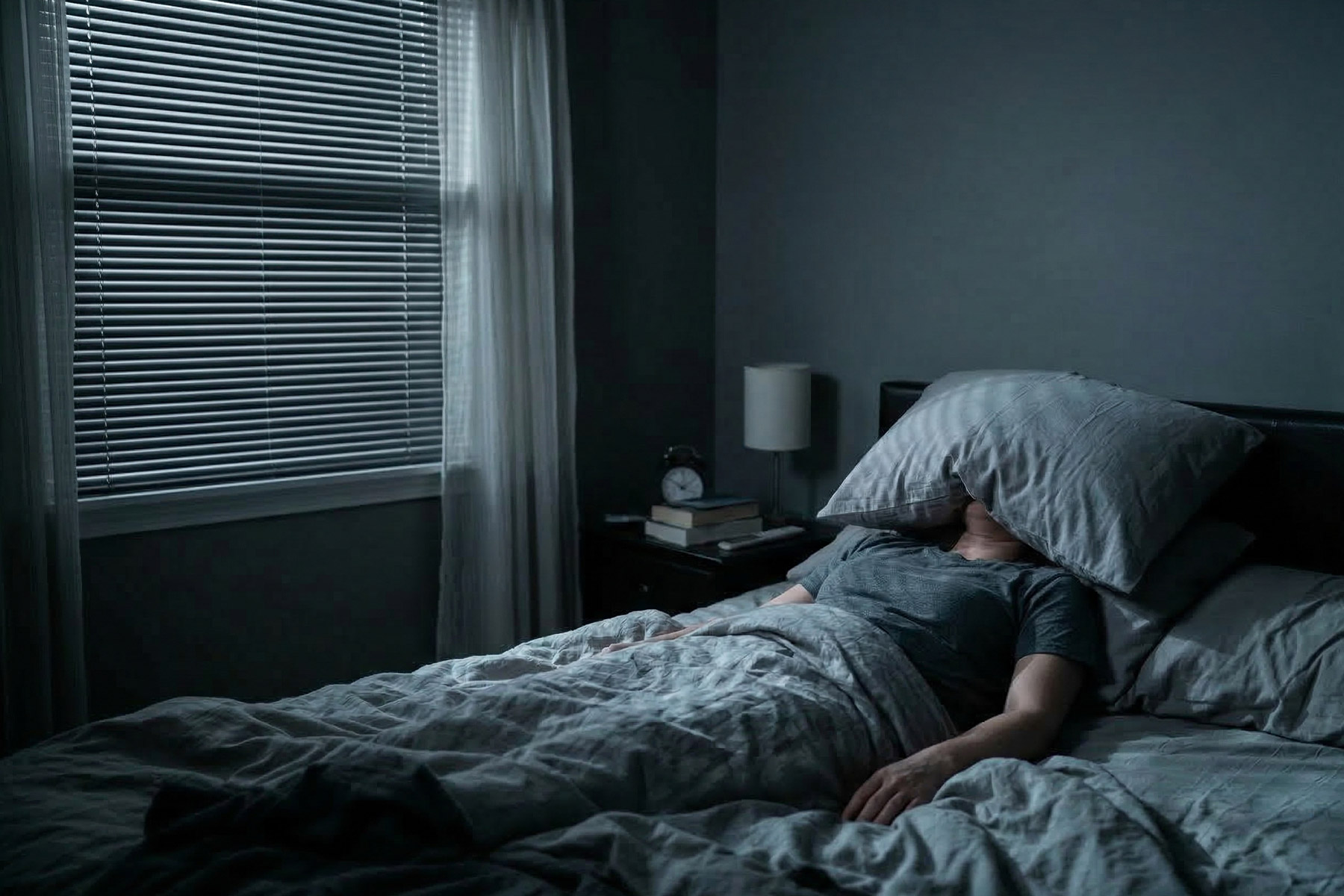 Person covering their ears in bed while traffic noise and streetlight pour through a bedroom window