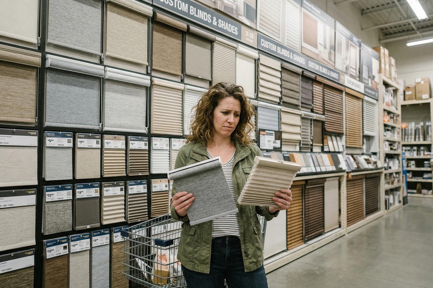 Overwhelmed person in a home store staring at dozens of window shade samples with a confused expression