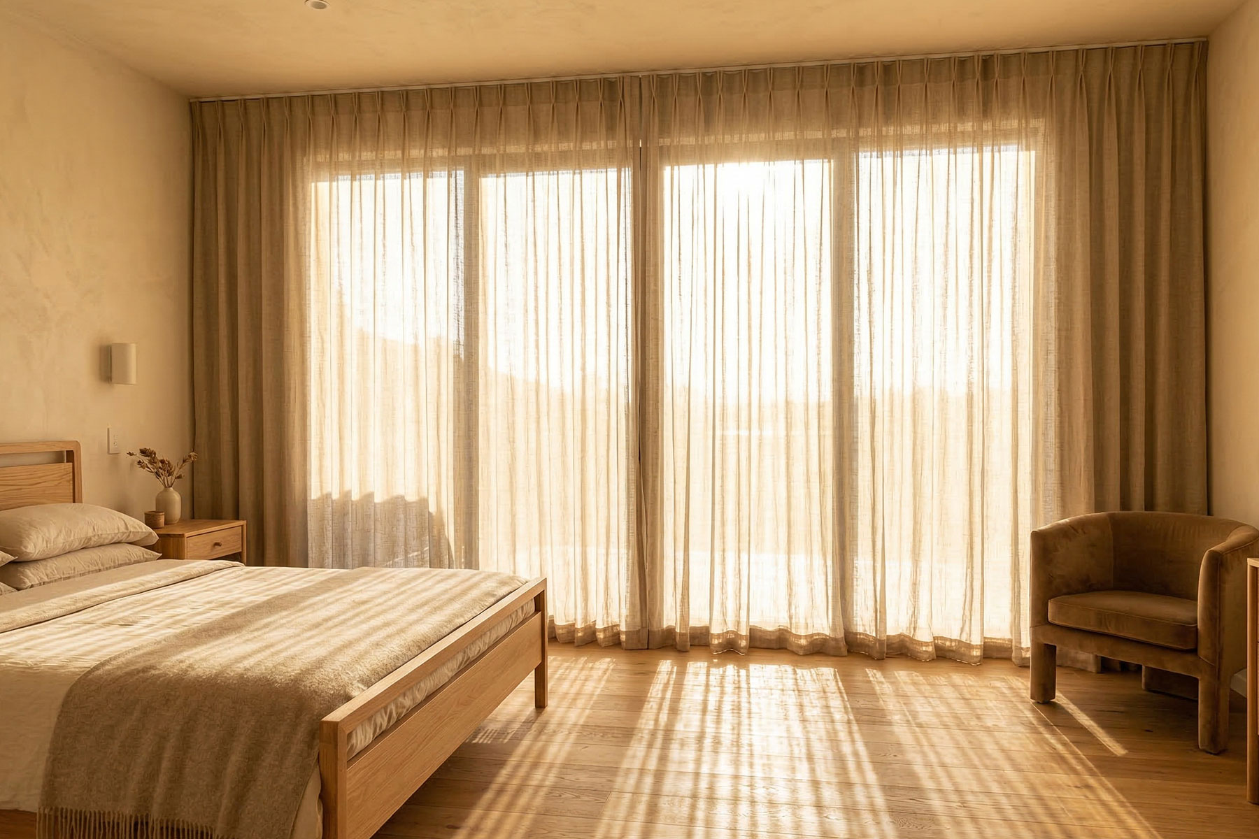 Bedroom with beautiful linen curtains that let bright sunlight stream through the loose weave