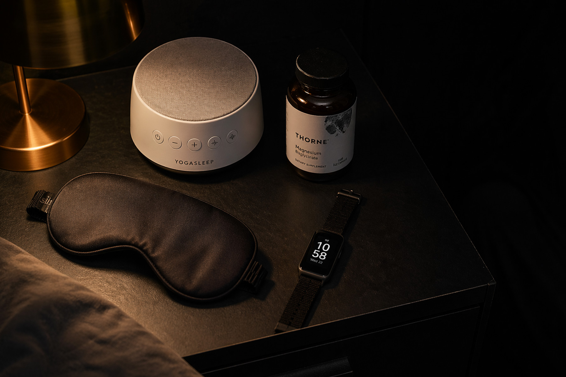 Nightstand with white noise machine, magnesium bottle, sleep mask and tracker in dark bedroom