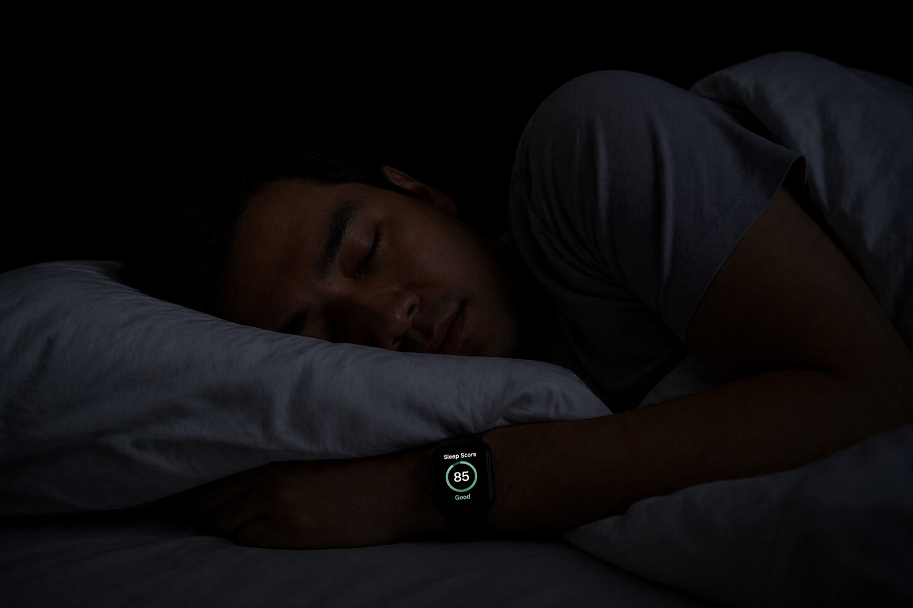 Person sleeping peacefully in dark bedroom with faint glow from sleep tracker on wrist