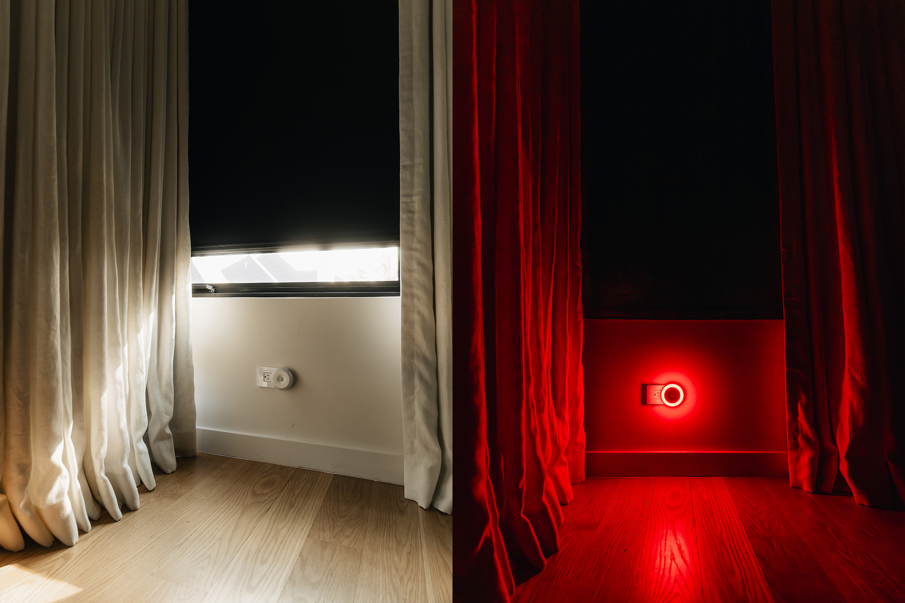 UBlockout Motion sensor red night light glowing in dark room beside blackout curtains