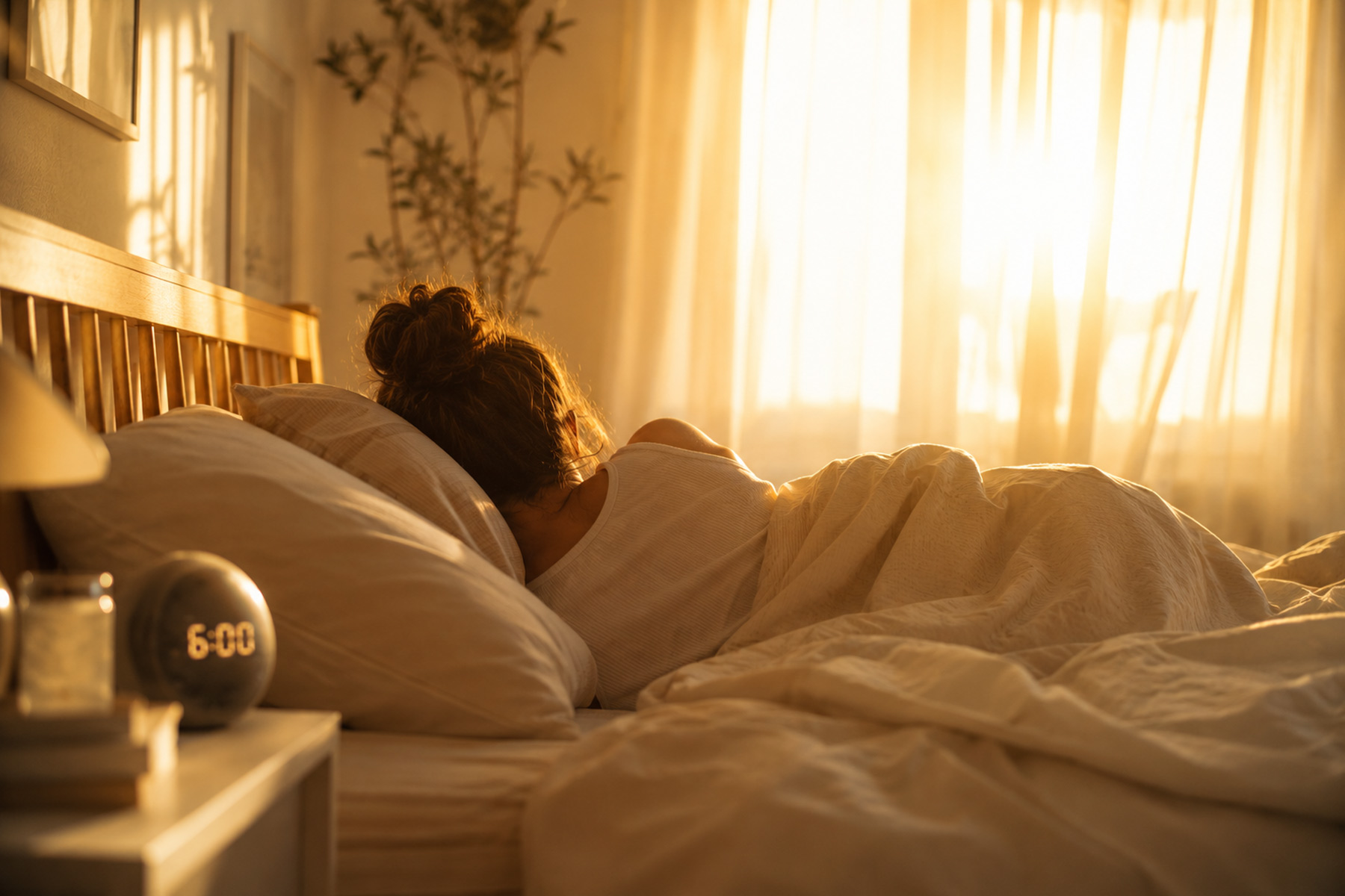 A person lying in bed with bright summer sunlight streaming through curtains in the early morning.