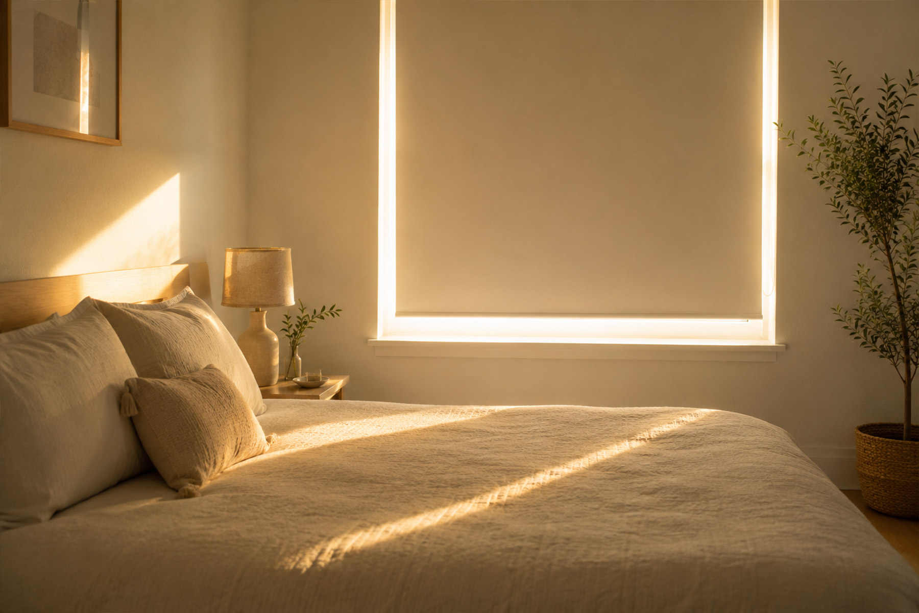 Morning sunlight streaming through gaps around a roller blind casting light streaks across a bedroom.
