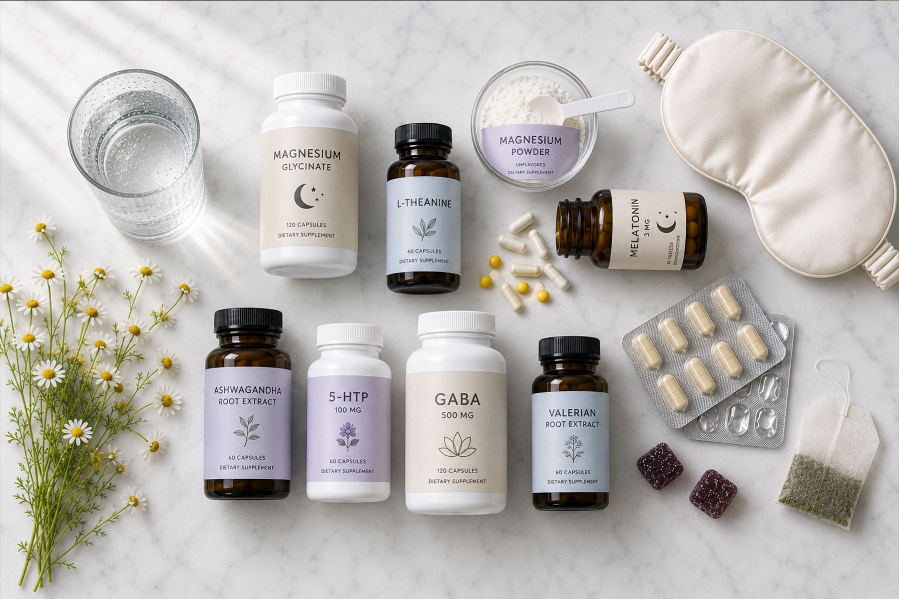 A flat lay of sleep supplement bottles and gummies on a white surface alongside a glass of water and chamomile.
