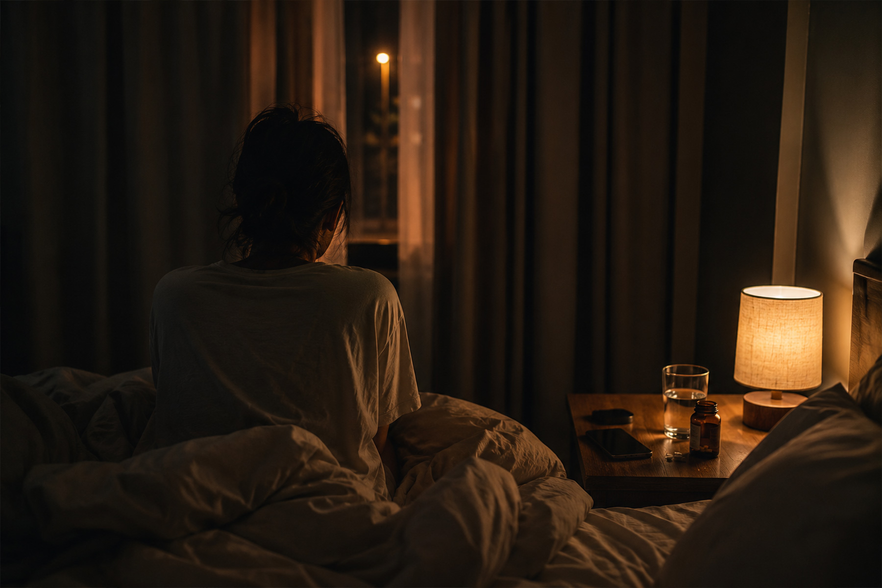 A person sits upright in bed at night with their back to the camera, illuminated by a warm bedside lamp. On the nightstand are an open amber supplement bottle, a glass of water, and a phone. Rumpled bedding and a narrow strip of light through the curtains suggest restlessness or difficulty sleeping.