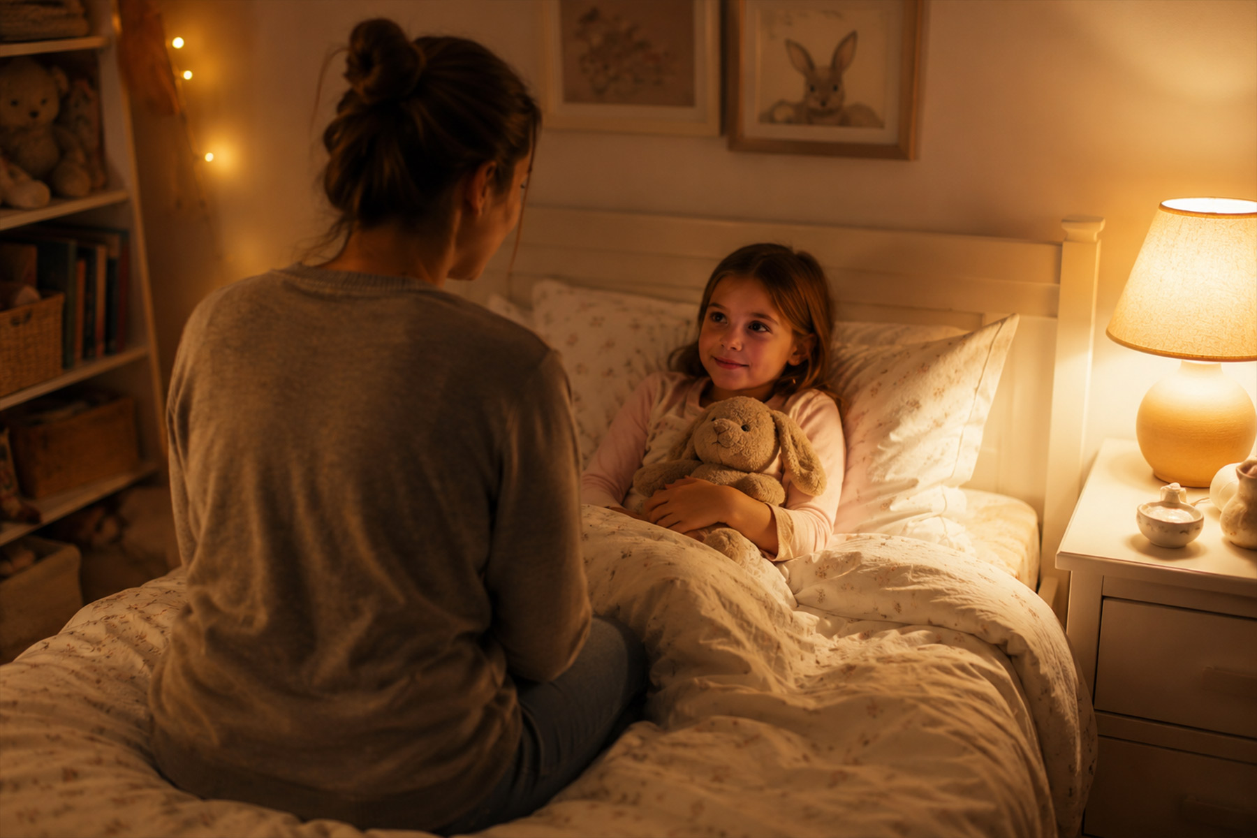 A parent sitting on the edge of a child's bed at night during a warm and quiet bedtime routine.