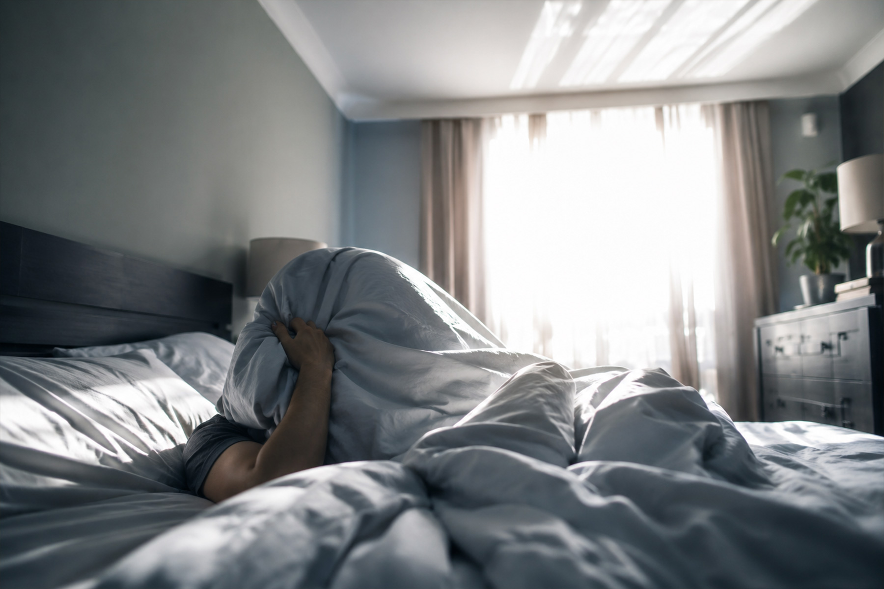 A person pulling covers over their head in a bright daylight-flooded bedroom trying to sleep during the day.