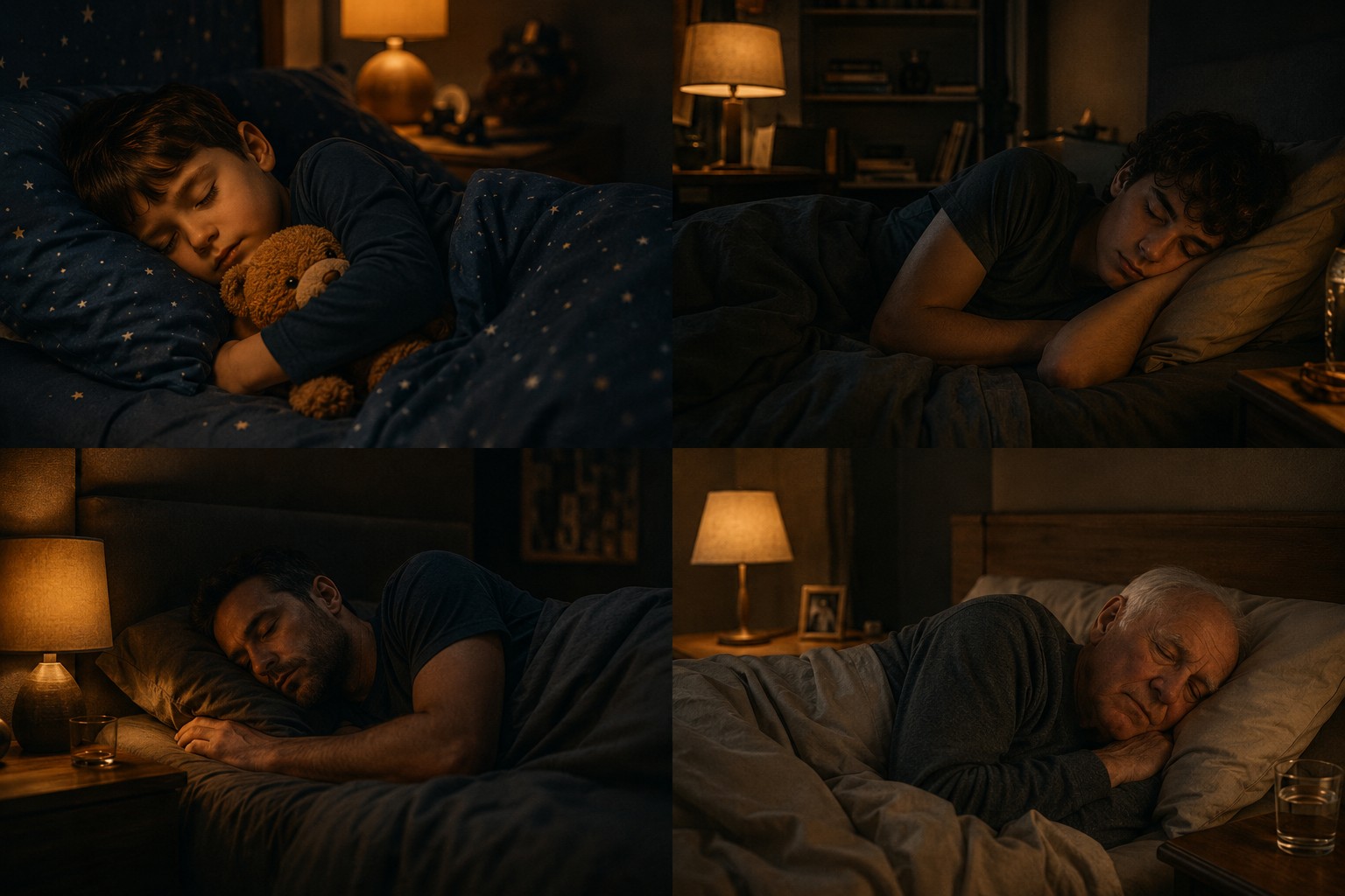 A tired adult lying awake in a dark bedroom at night, staring at the ceiling with a faint blue glow from the window