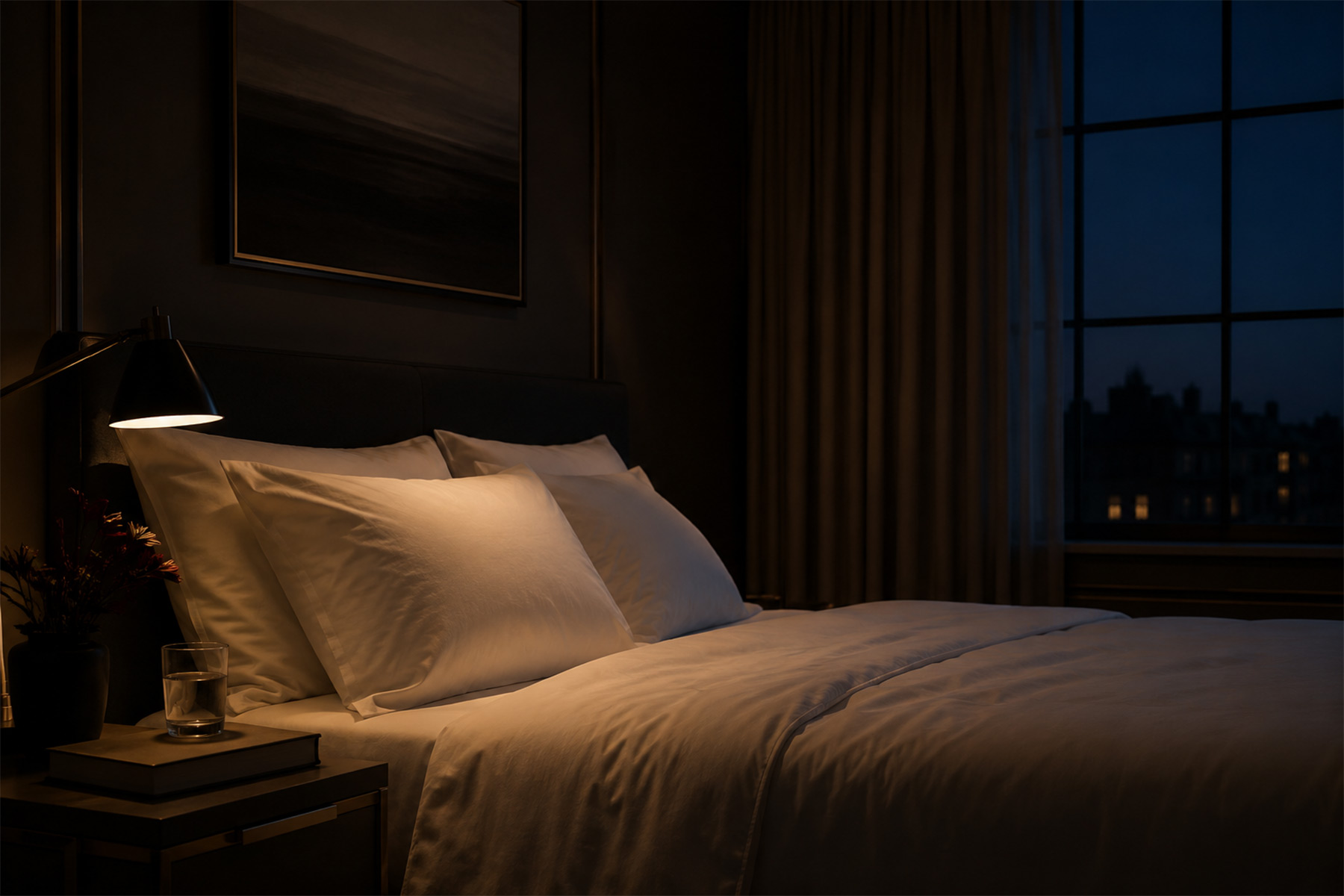 A neatly made bed with white linen in a dark bedroom at night, lit by a warm bedside lamp with a city skyline visible through the window.
