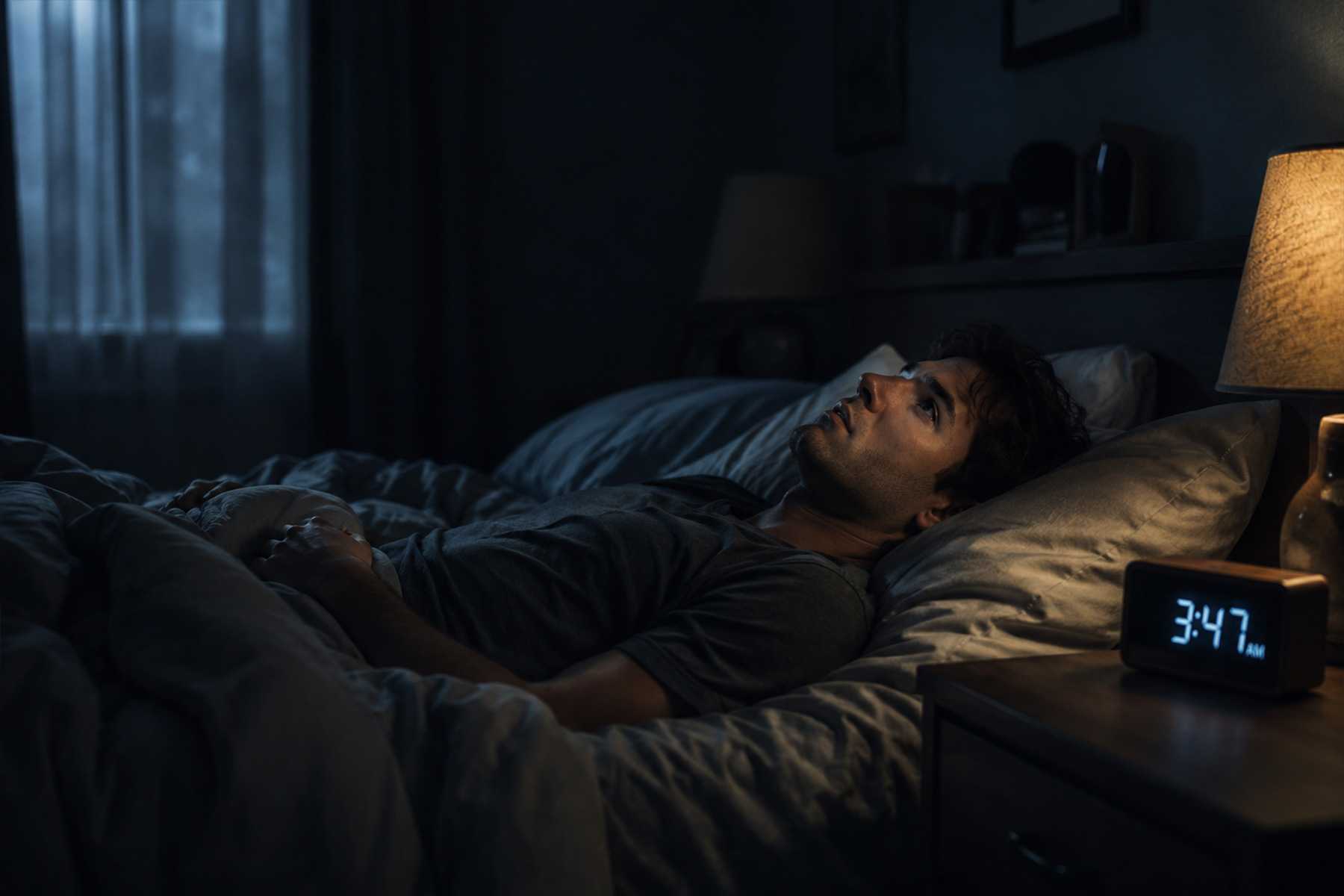 Man lying awake in bed at 3:47am staring at the ceiling in a dark bedroom with a digital clock glowing on the nightstand