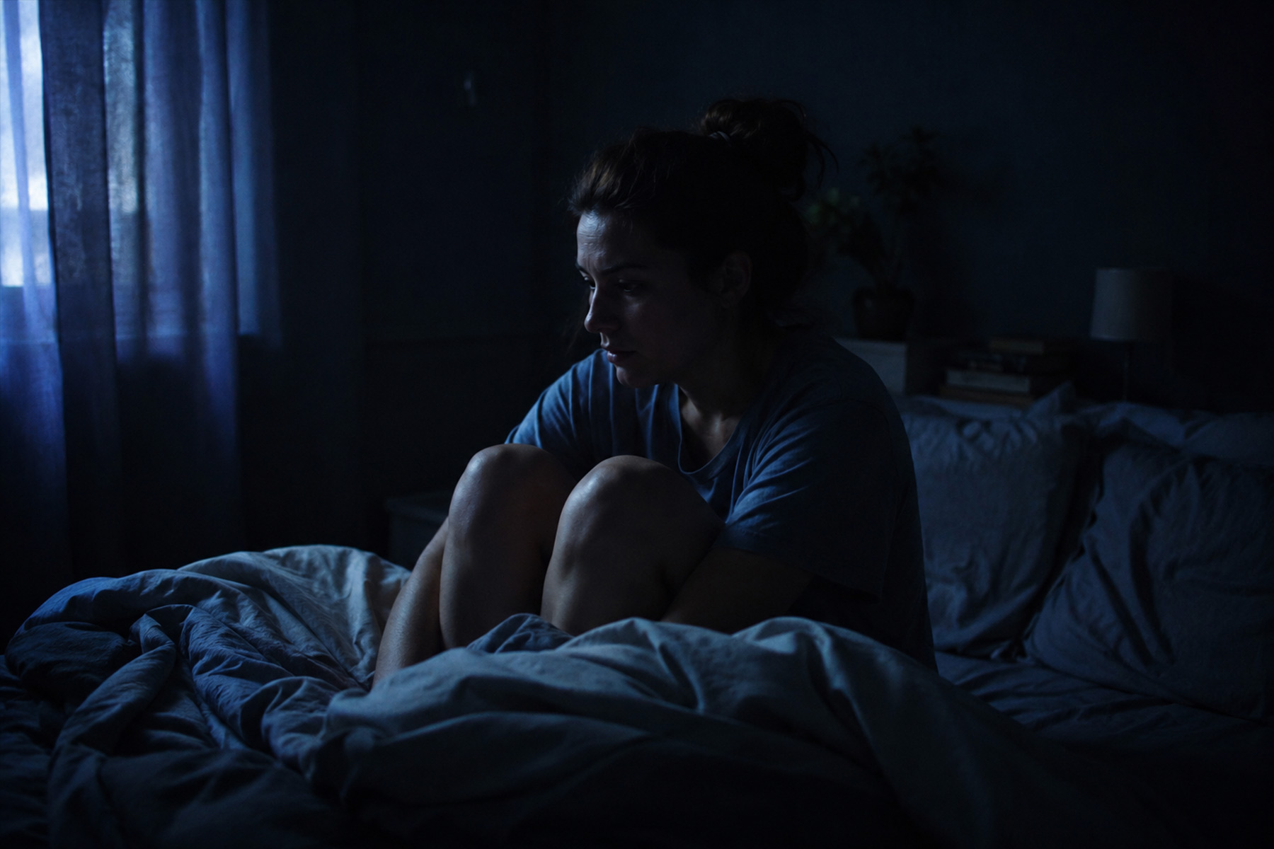 Woman sitting up in bed in a dark bedroom at night, knees drawn to her chest, looking downward with a restless and exhausted expression