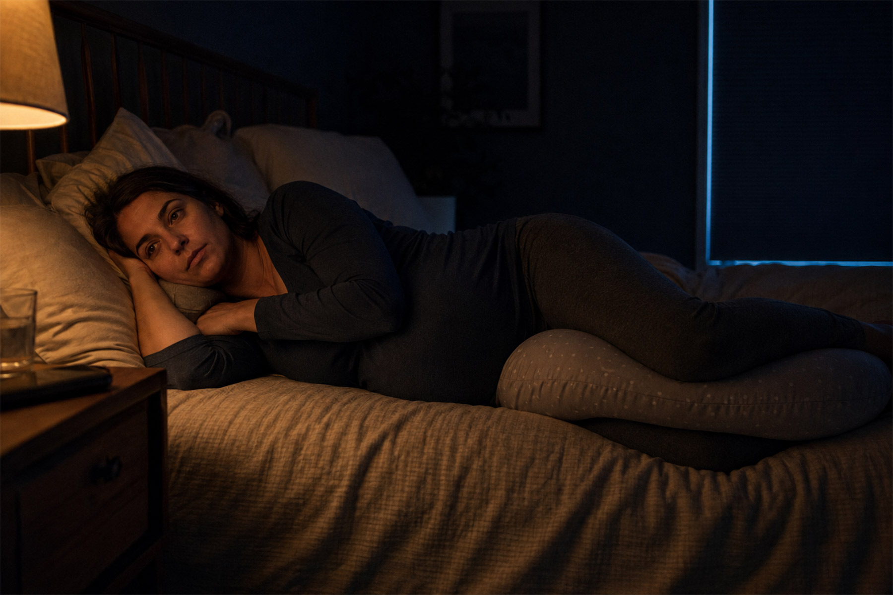 Pregnant woman lying awake at night in a dark bedroom with a pregnancy pillow