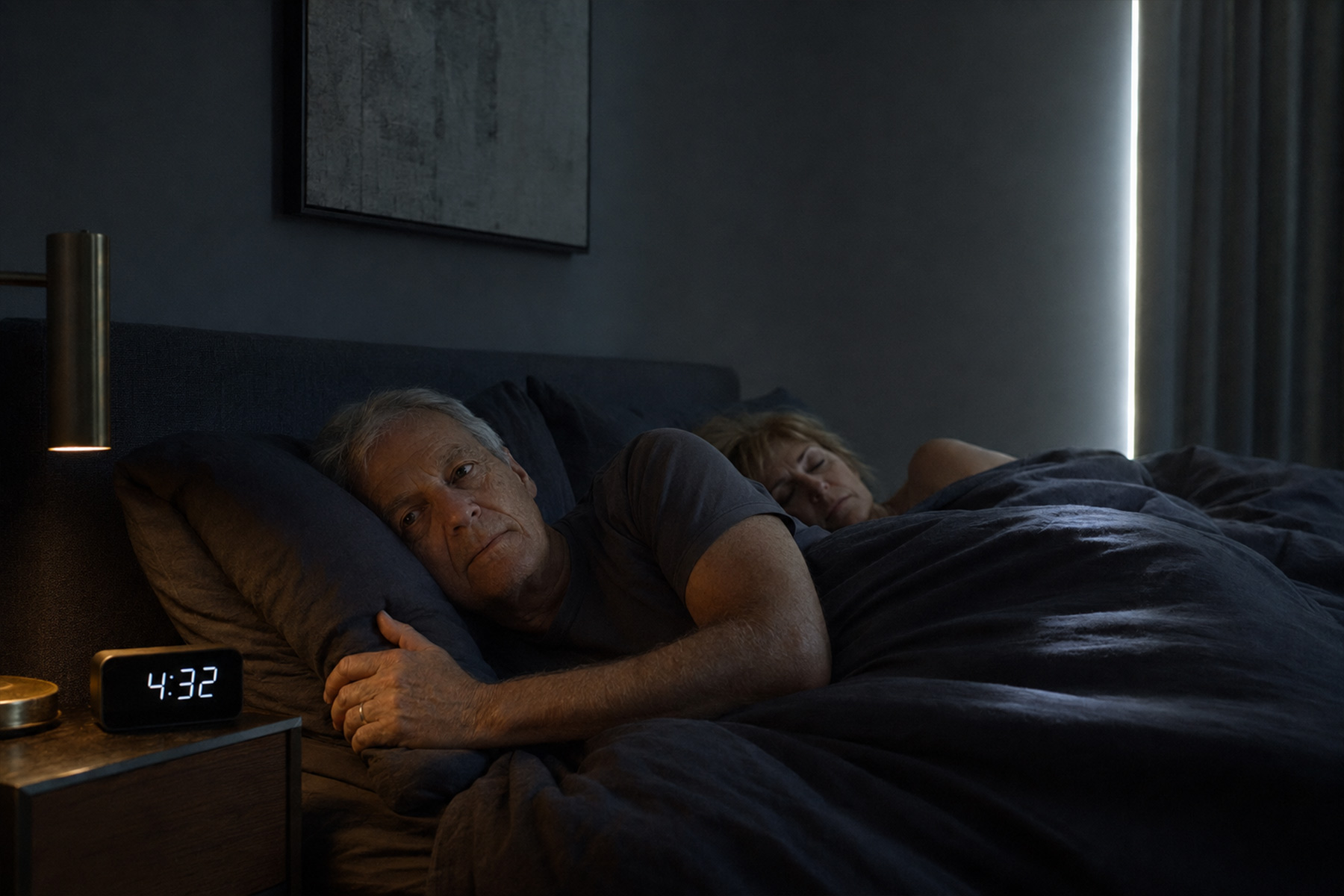 Older man lying awake at 4:32am in a dark bedroom as early light comes through the window edge