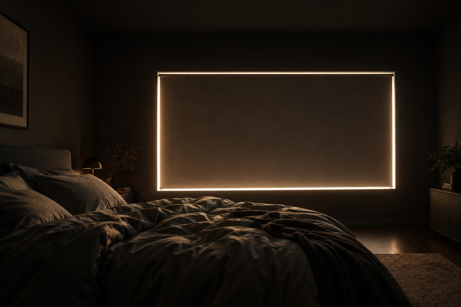 Dark modern bedroom at dawn with a fully lowered roller shade glowing around all four edges from leaking daylight. Rumpled empty bed in deep shadow, warm amber highlights, premium cinematic editorial mood.