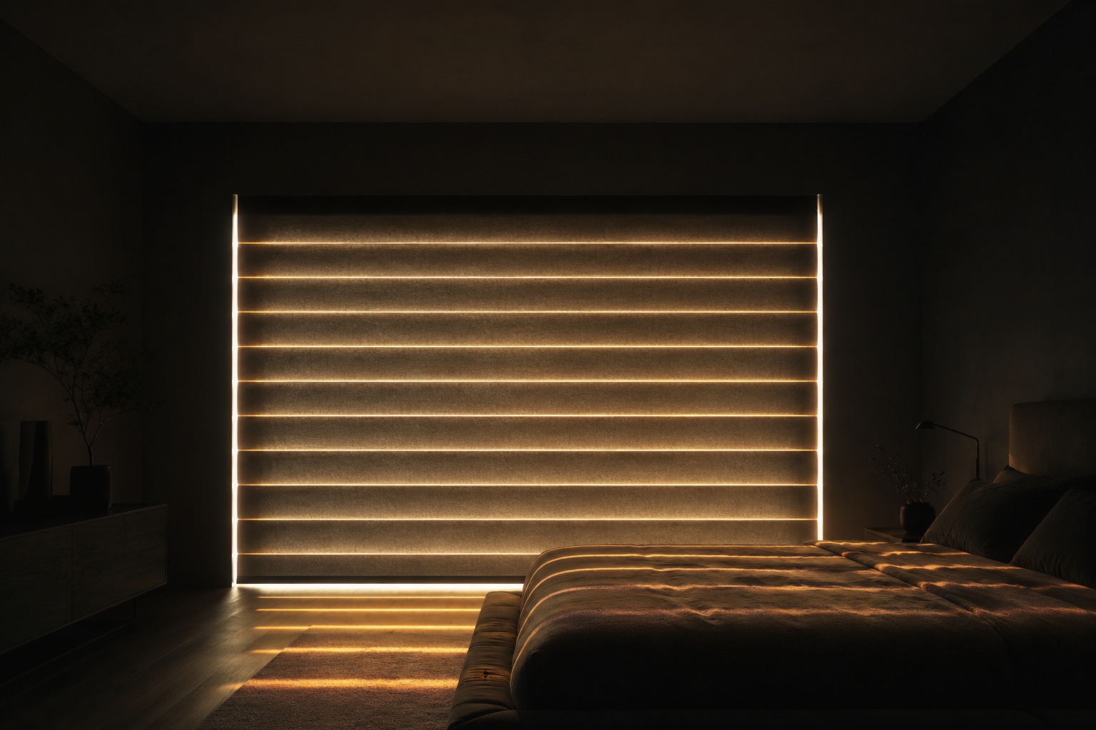 A dark bedroom with a large roller blind. Horizontal stripes of warm light cross the blind, the bed, and the floor.