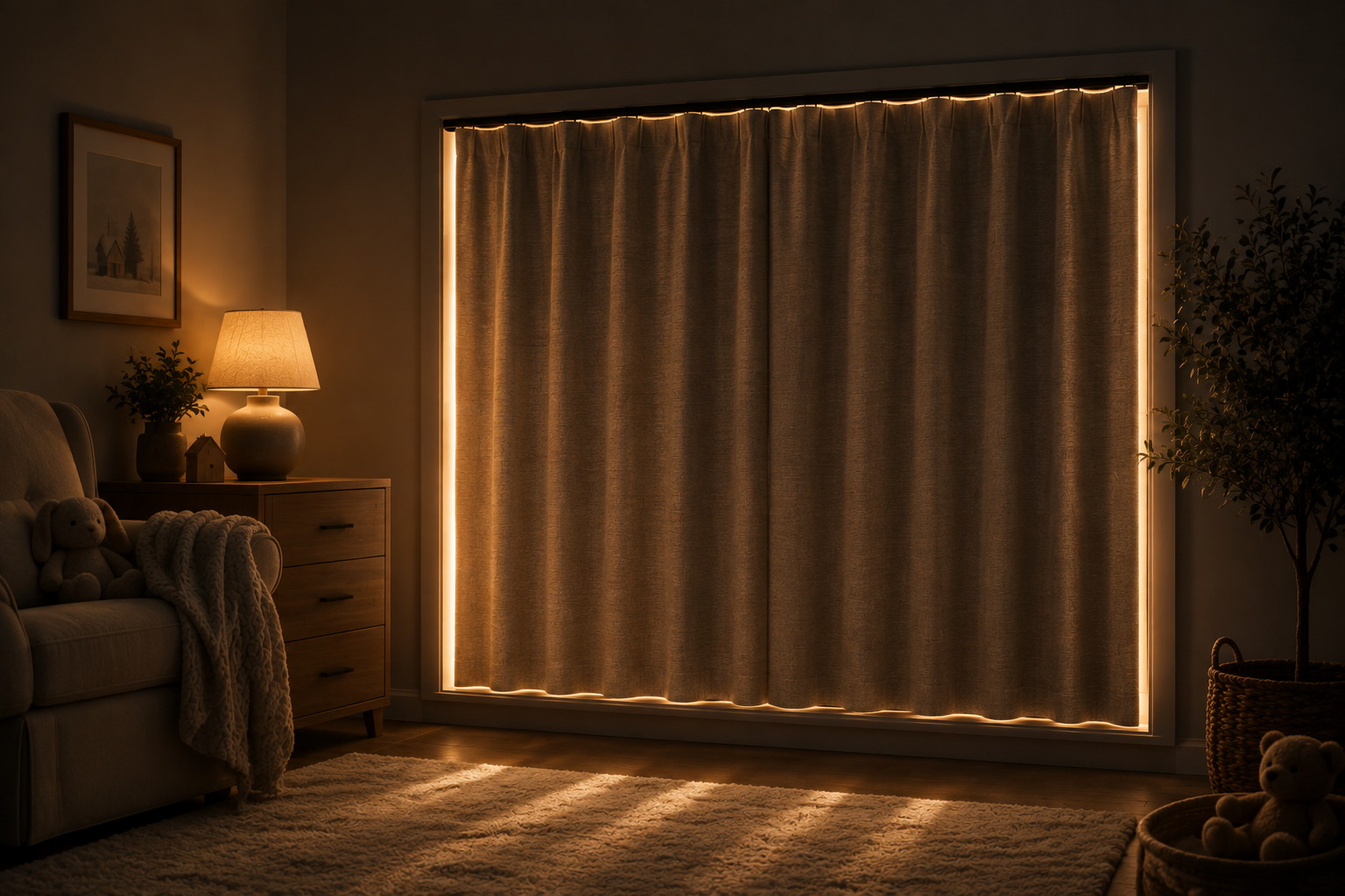 A dark nursery at night. Bright warm light leaks around all 4 edges of a closed blockout curtain. A table lamp, a soft toy, and a rug are also in the room.