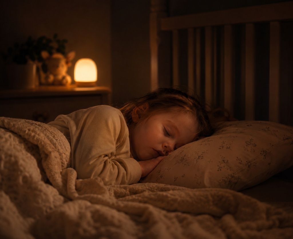 Young child sleeping peacefully in a dark nursery under soft blankets