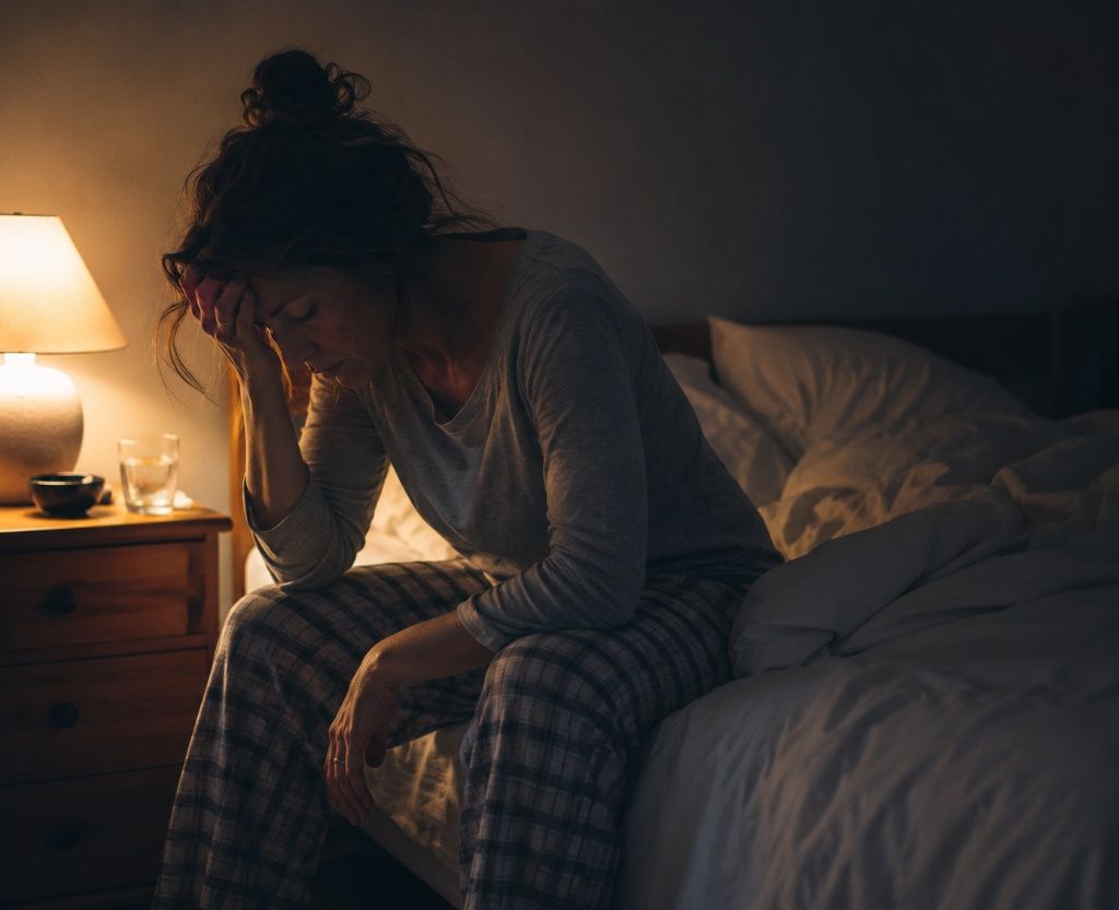 Exhausted person sitting on the edge of their bed in the morning, head bowed in fatigue