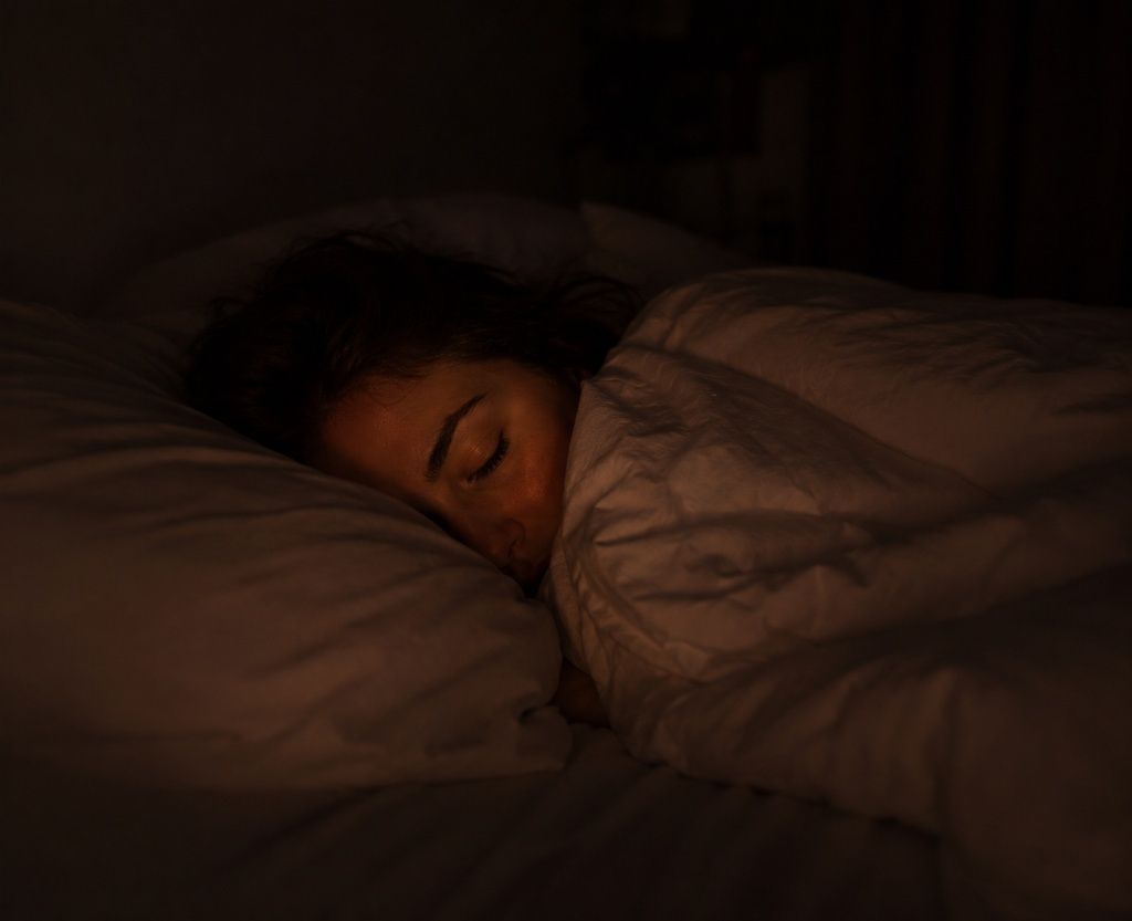 Person in a deep sleep with face buried in a pillow in a very dark bedroom