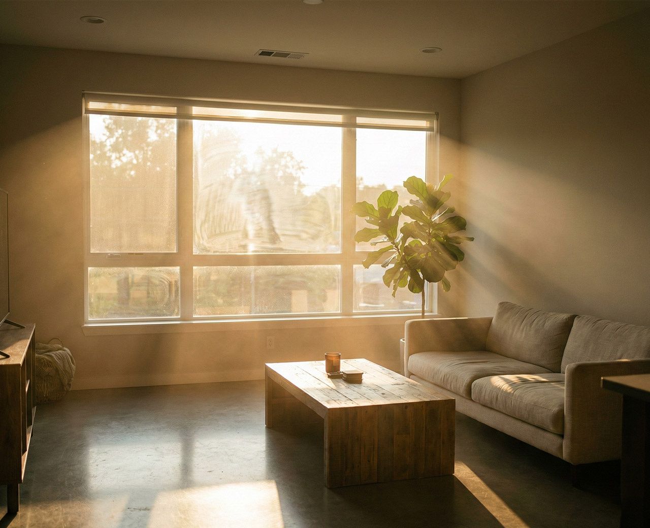 Sunlit living room showing light streaming through windows without blackout shades