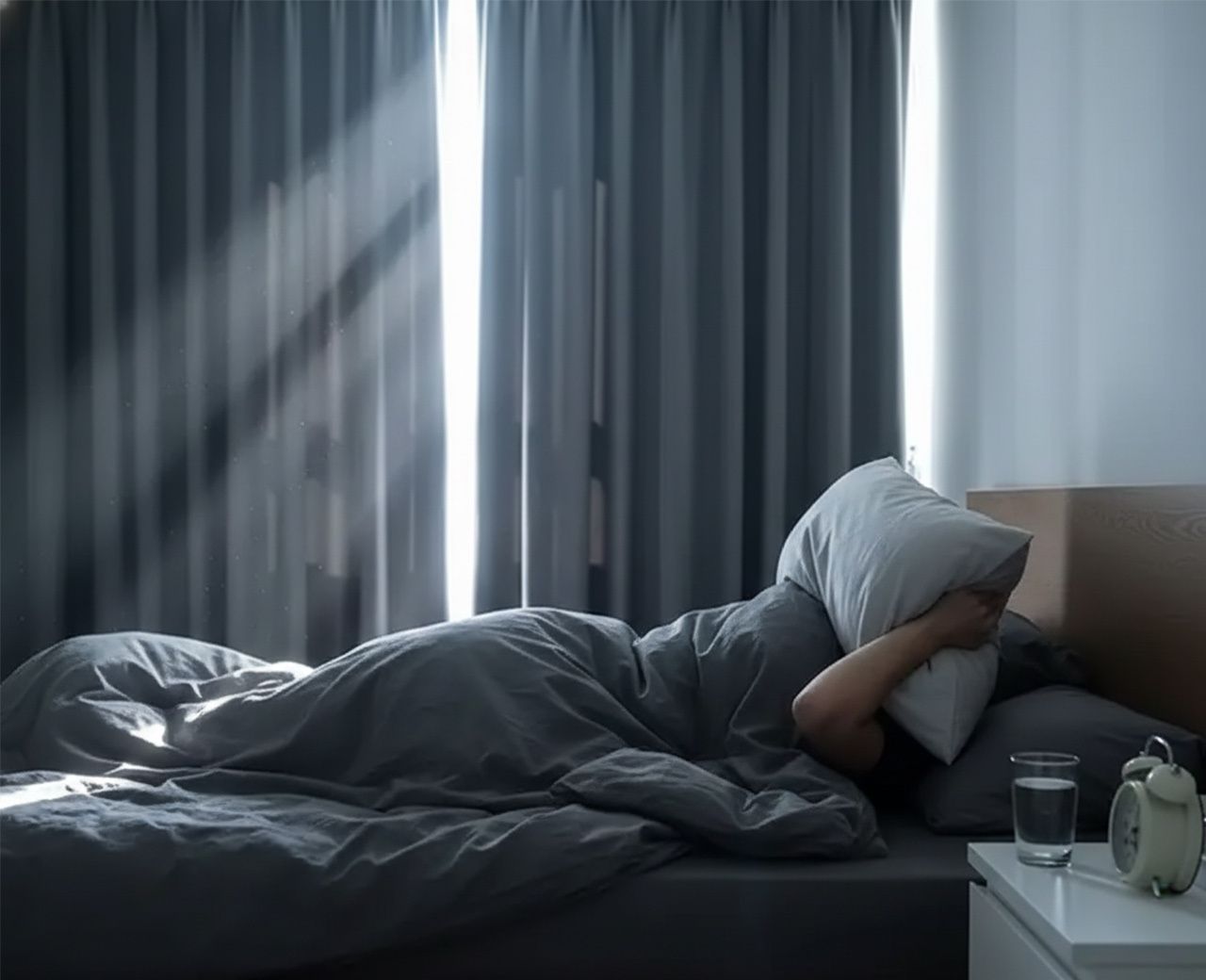 Person covering face with pillow as bright morning light streams through gap in standard curtains disrupting sleep