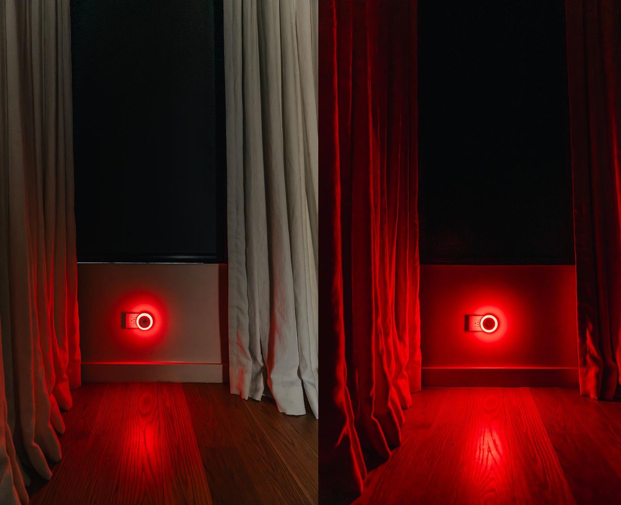 Side-by-side comparison showing complete light blocking with UBlockout's red sensor light visible in pitch-black rooms - beige curtains on left and red curtains on right both achieving total darkness with only the circular red sensor light glowing on the wall, demonstrating zero external light penetration and 100% blackout effectiveness