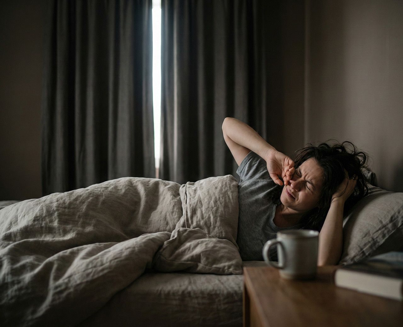 Woman lying in bed rubbing her eyes in discomfort as light leaks through a gap in blackout curtains
