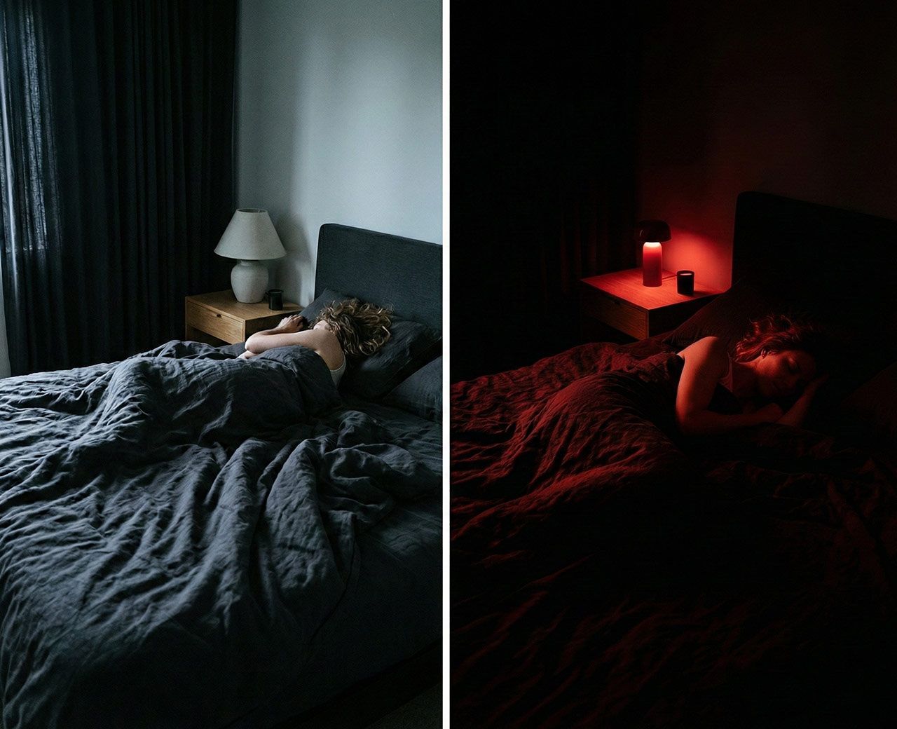 Side by side comparison of a woman sleeping in a dimly lit room with curtain gaps versus sleeping in a room with only a low red night light