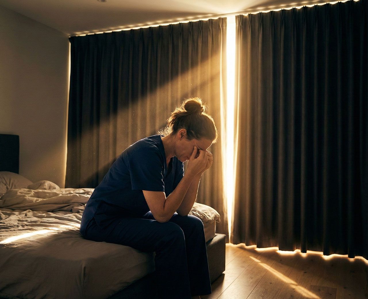 Exhausted night shift nurse in scrubs sitting on bed edge with morning sunlight leaking through blackout curtain gaps