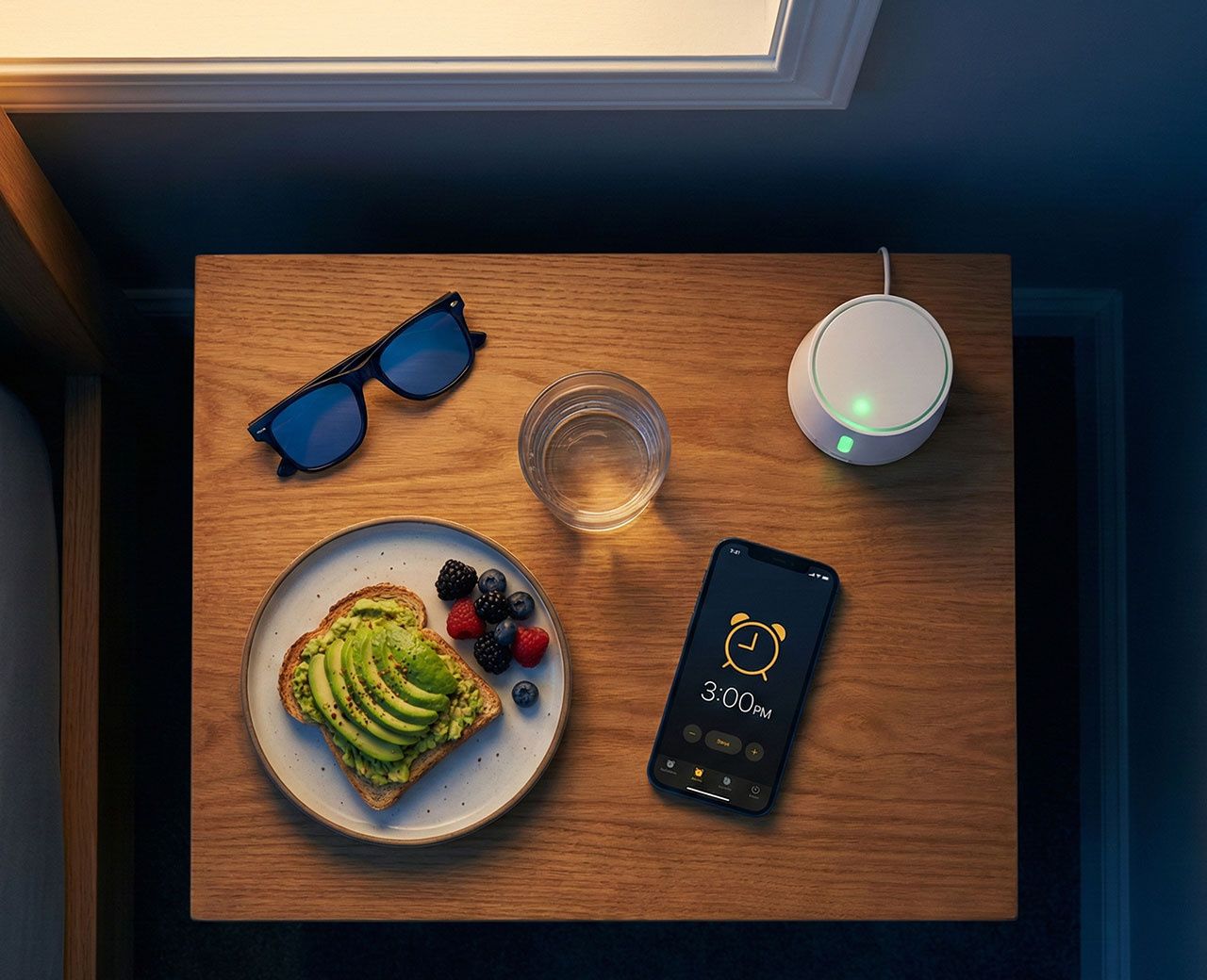 Overhead view of a night shift worker's bedside table with blue-blocking sunglasses, a light meal, water, white noise machine and phone alarm set for 3PM