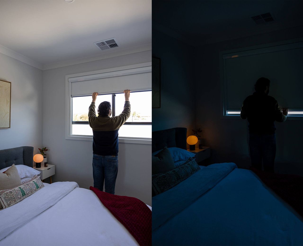  Before and after comparison of a bedroom with standard roller shade letting in daylight versus sealed track blackout shade achieving near-total darkness