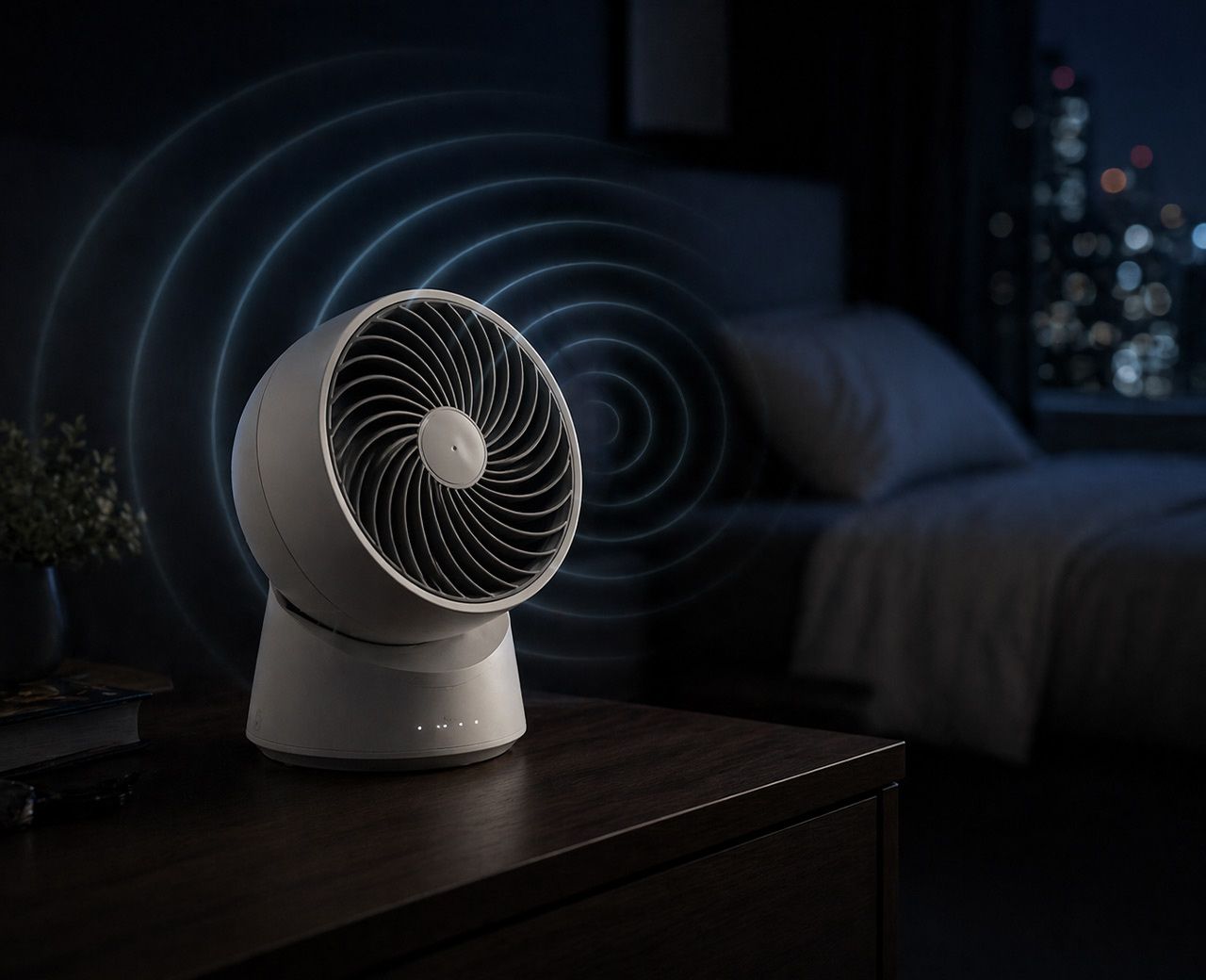 White desk fan emitting soft blue sound waves in a dark bedroom