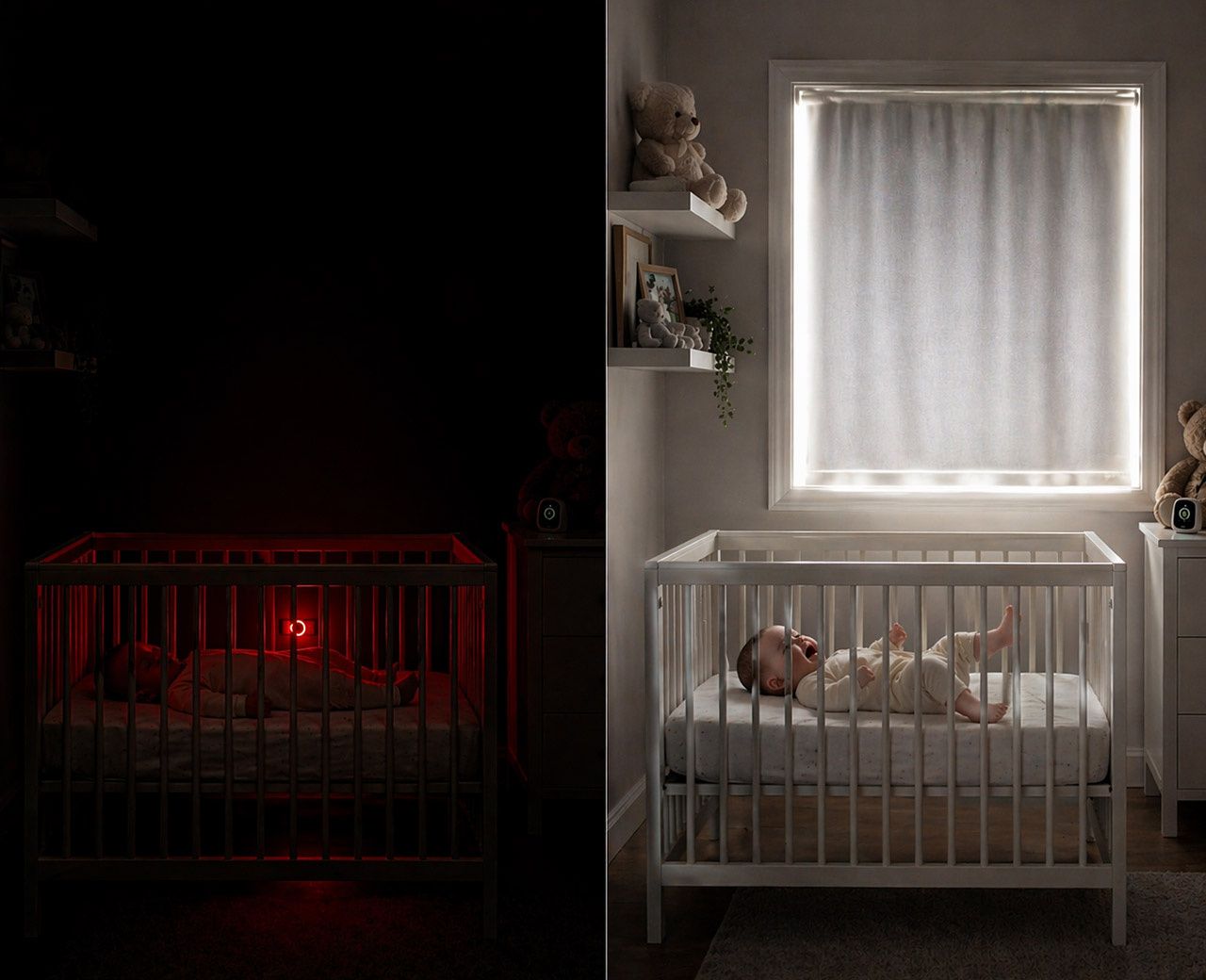 Side-by-side nursery comparison showing baby sleeping in dark room with red night light vs awake in early morning light