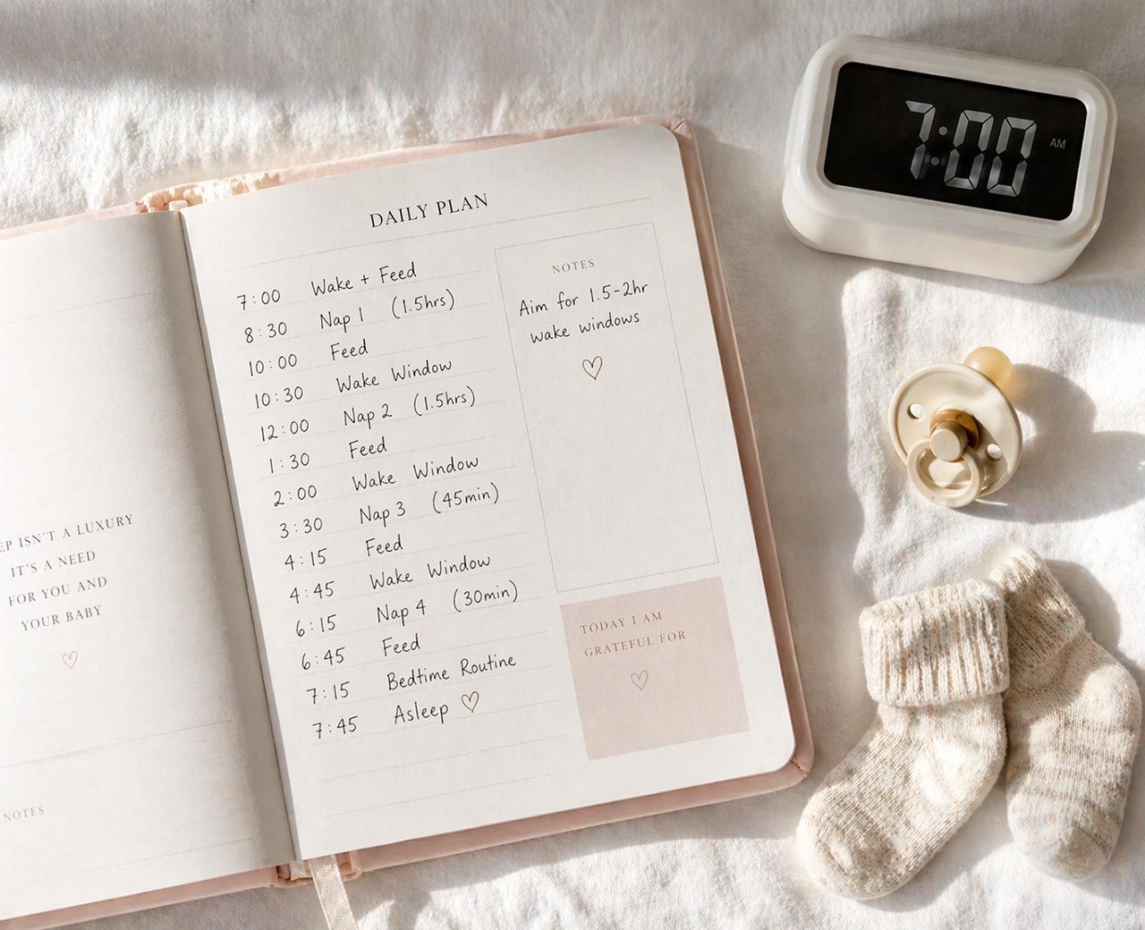 Baby schedule journal with daily routine, clock, pacifier and socks on white linen in natural light