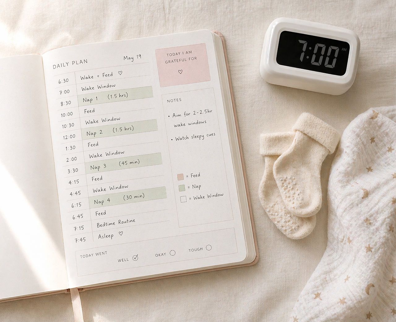 Baby schedule planner with naps and feeds beside clock, socks and muslin cloth in soft natural light